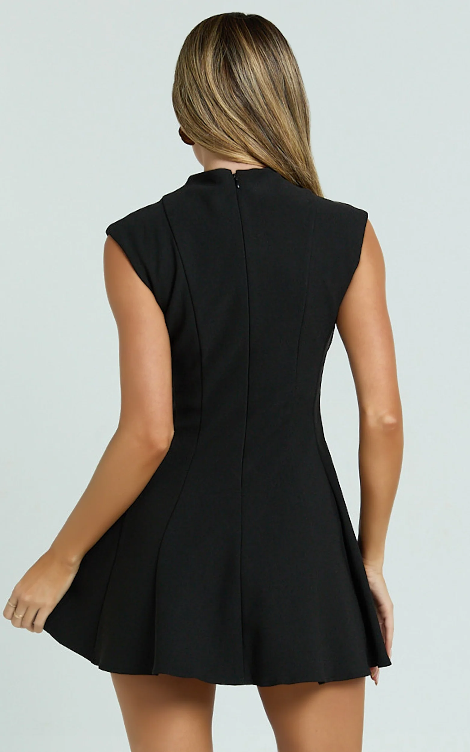 Becky Mini Dress - High Neck Sleeveless Fit And Flare Dress in Black