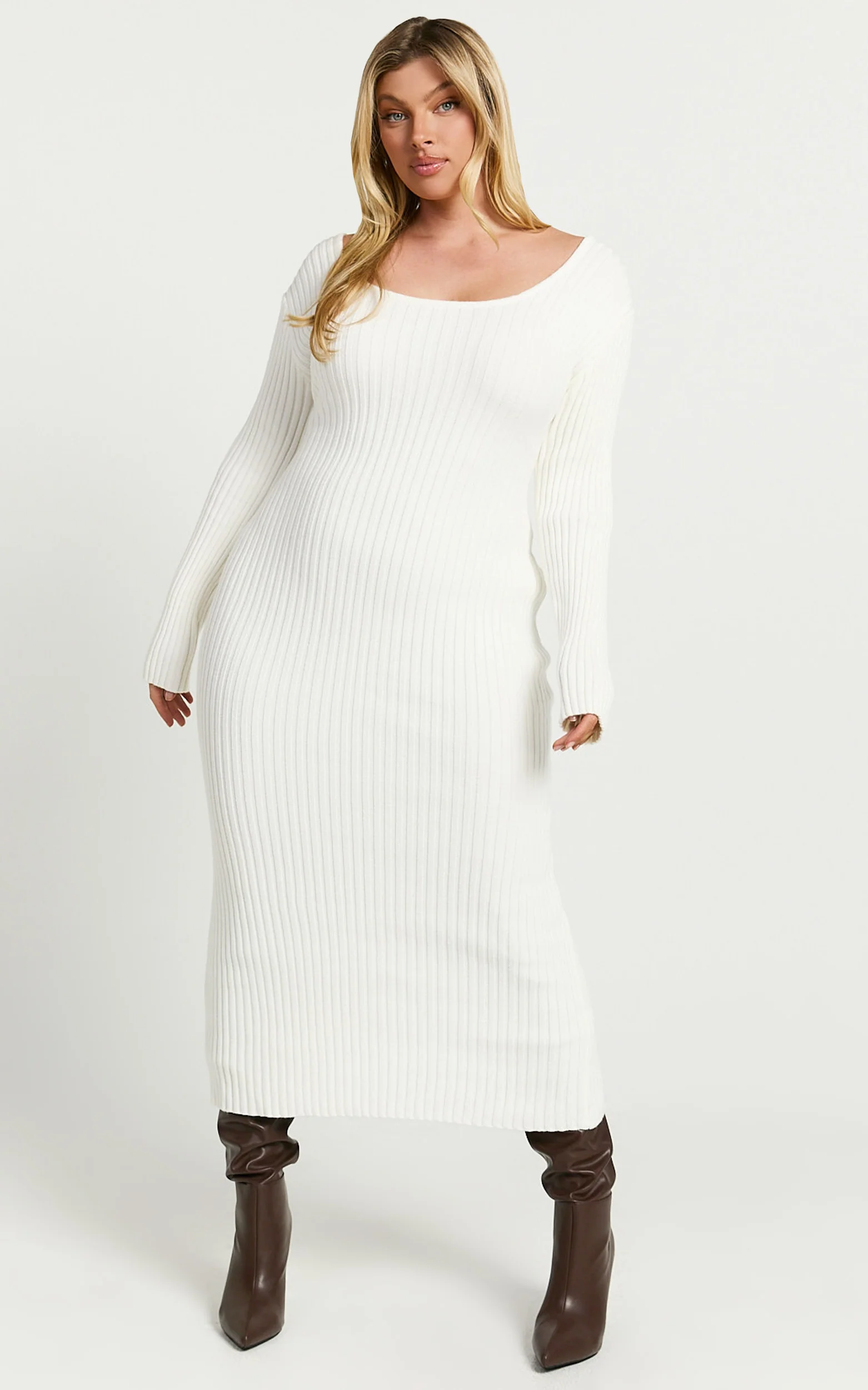 Kister Midi Dress - Long Sleeve Twist Back Dress in Ivory