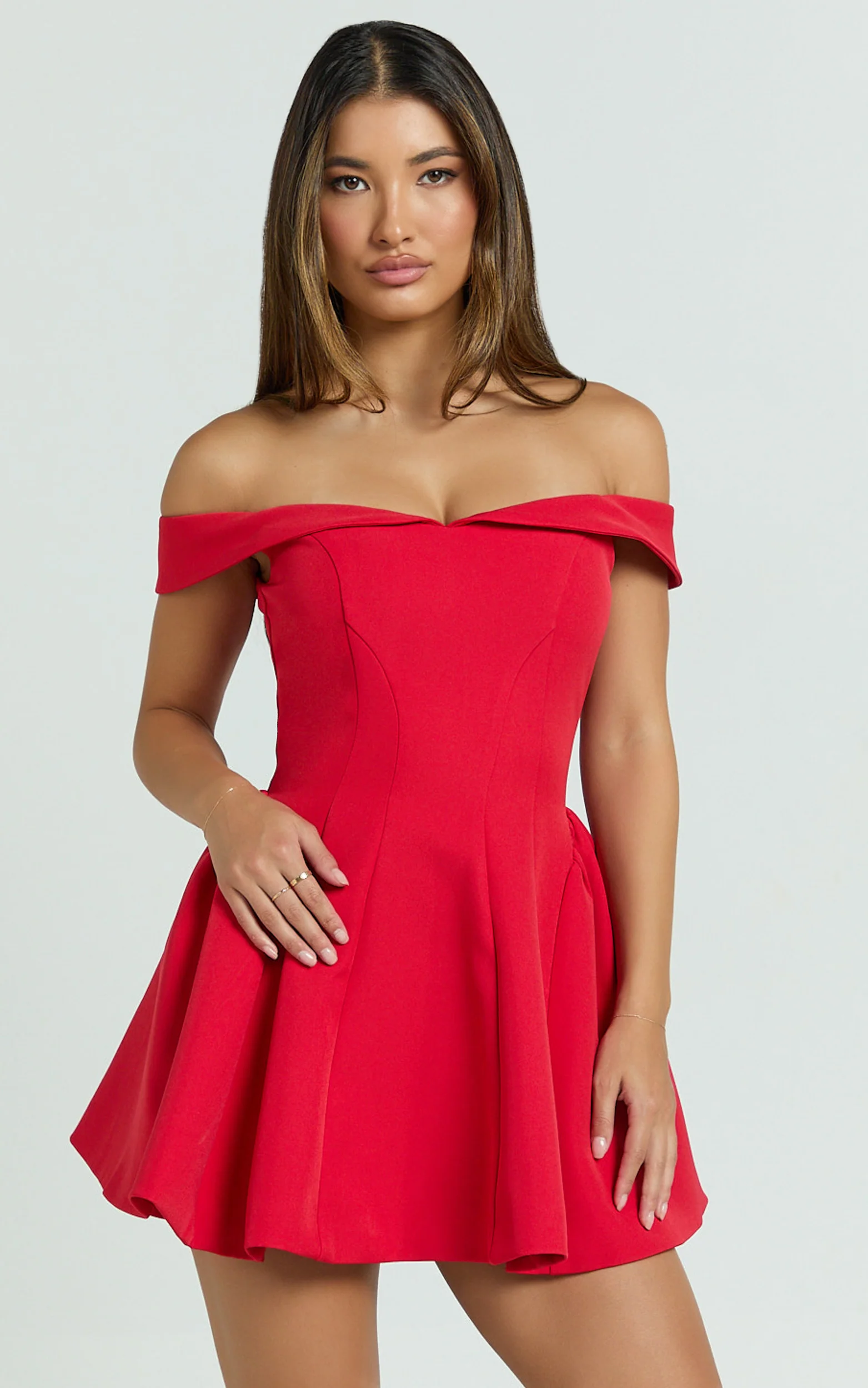 Rosabel Mini Dress - Off Shoulder Fit And Flare Dress in Red