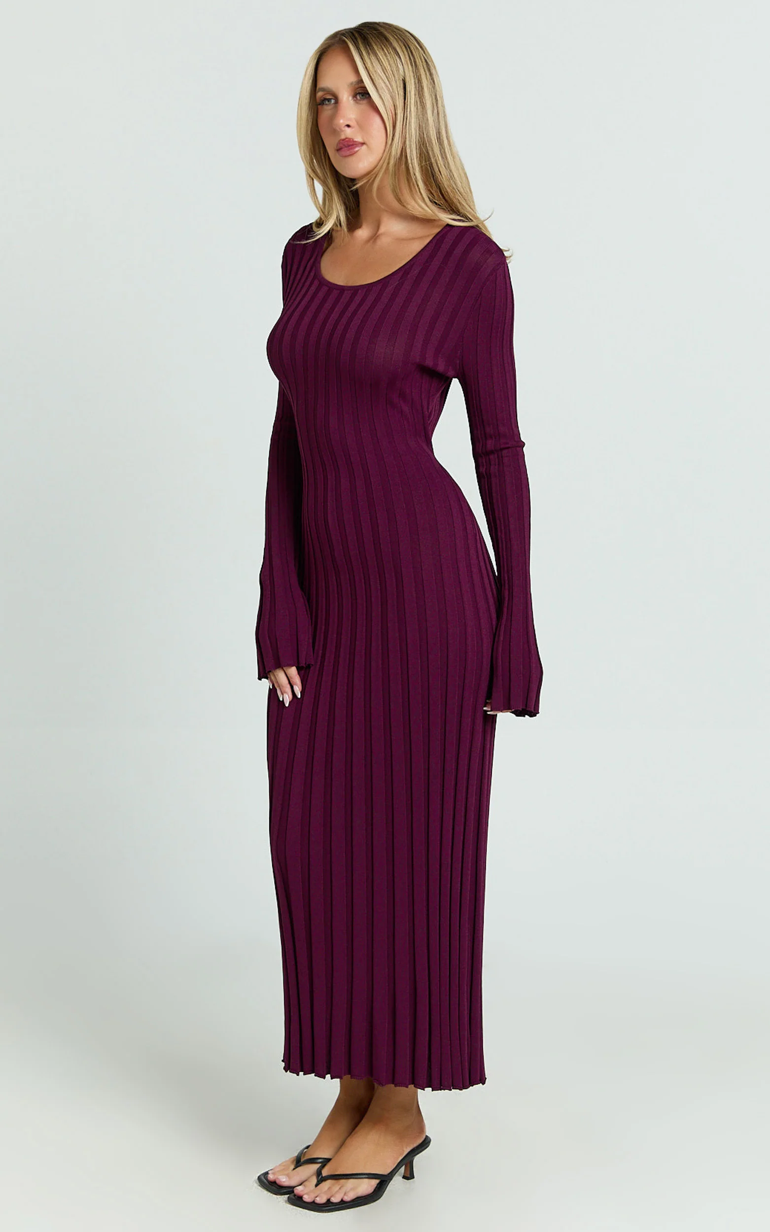 Blaire Midi Dress - Long Sleeve Tie Back Flare Dress in Wine