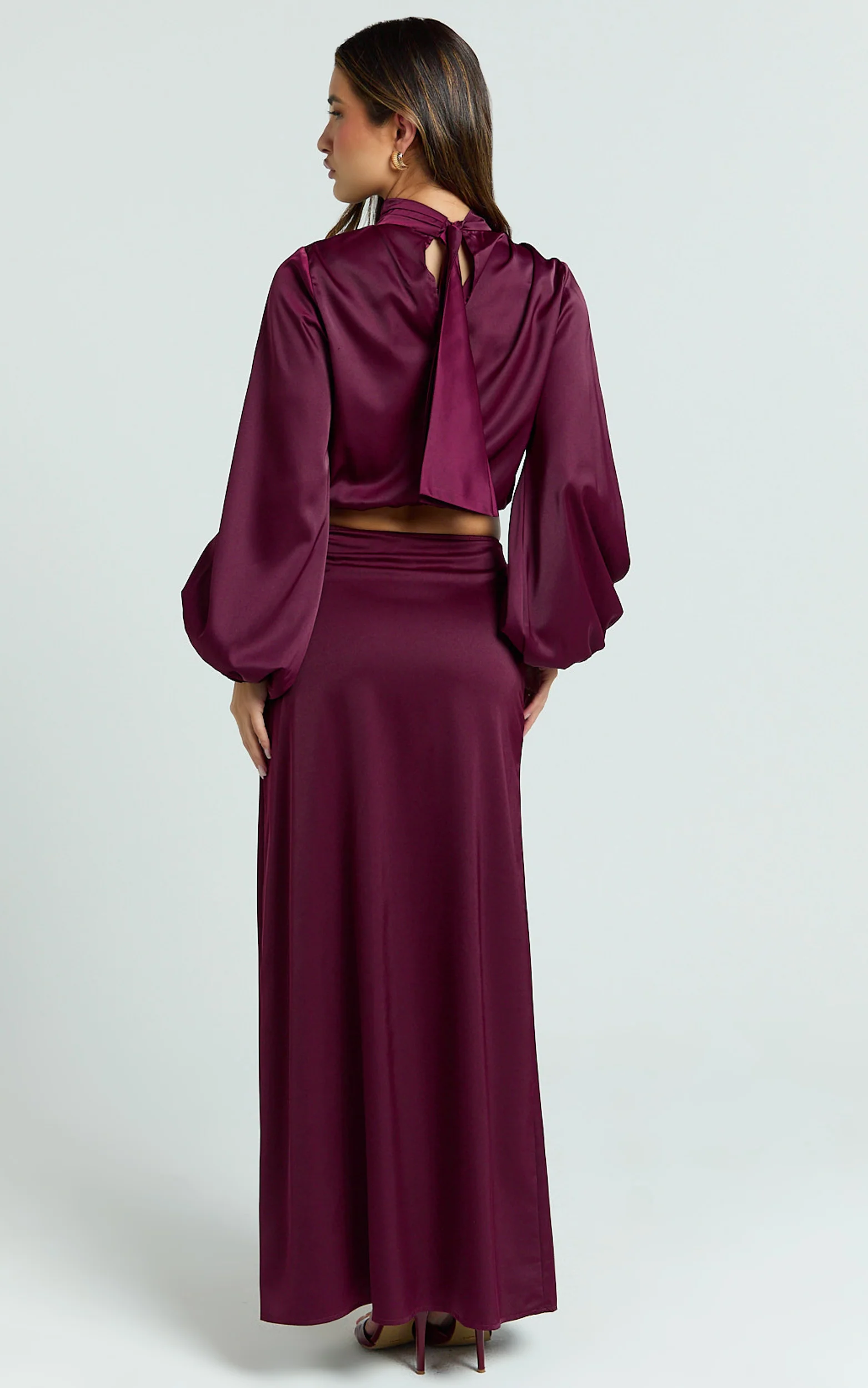 Tessie Two Piece Set - Long Sleeve Hight Neck Top and Maxi Skirt Set in Wine