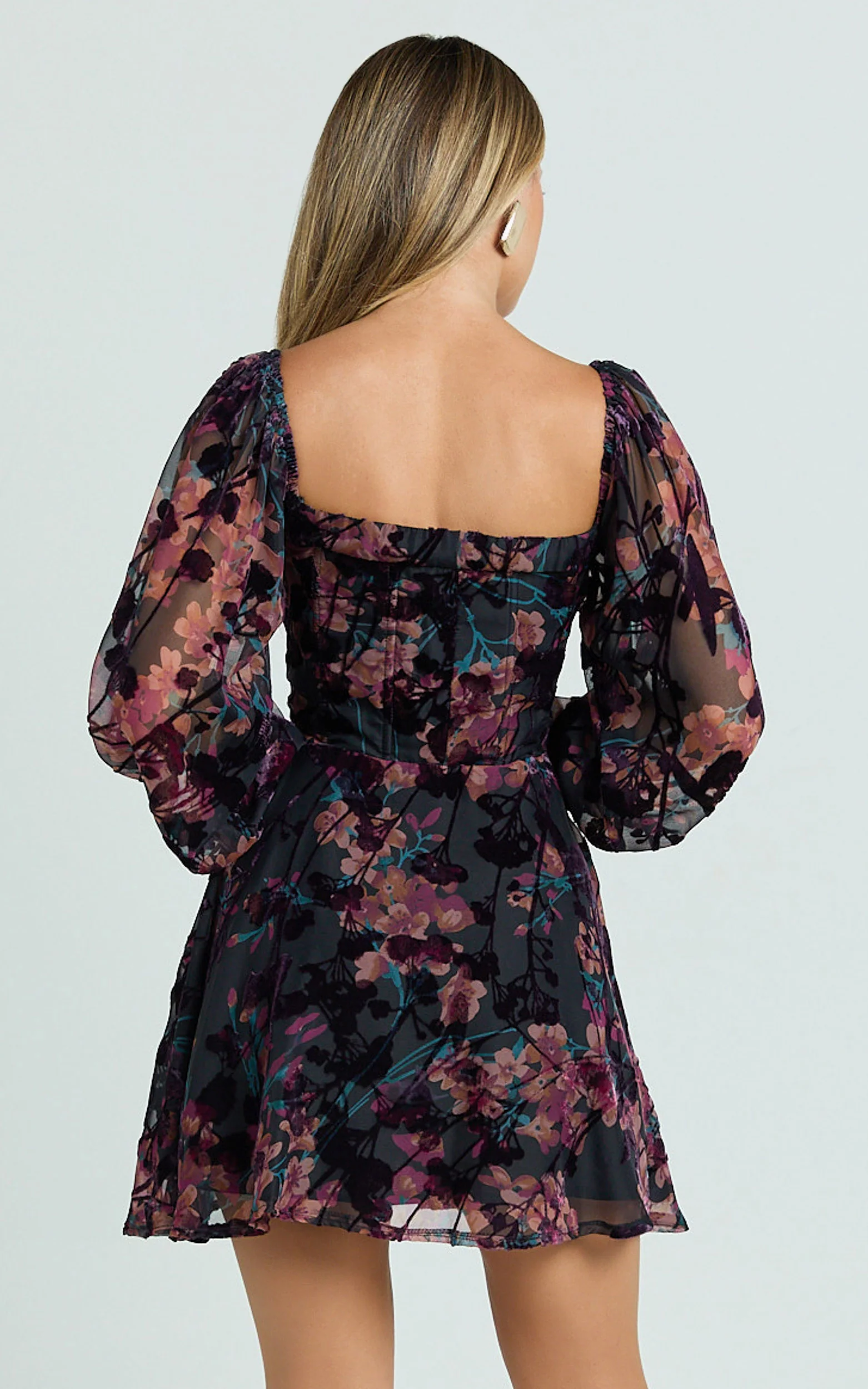 Jessell Mini Dress - Long Sleeve Cowl Corset Dress in Burnt Out Floral