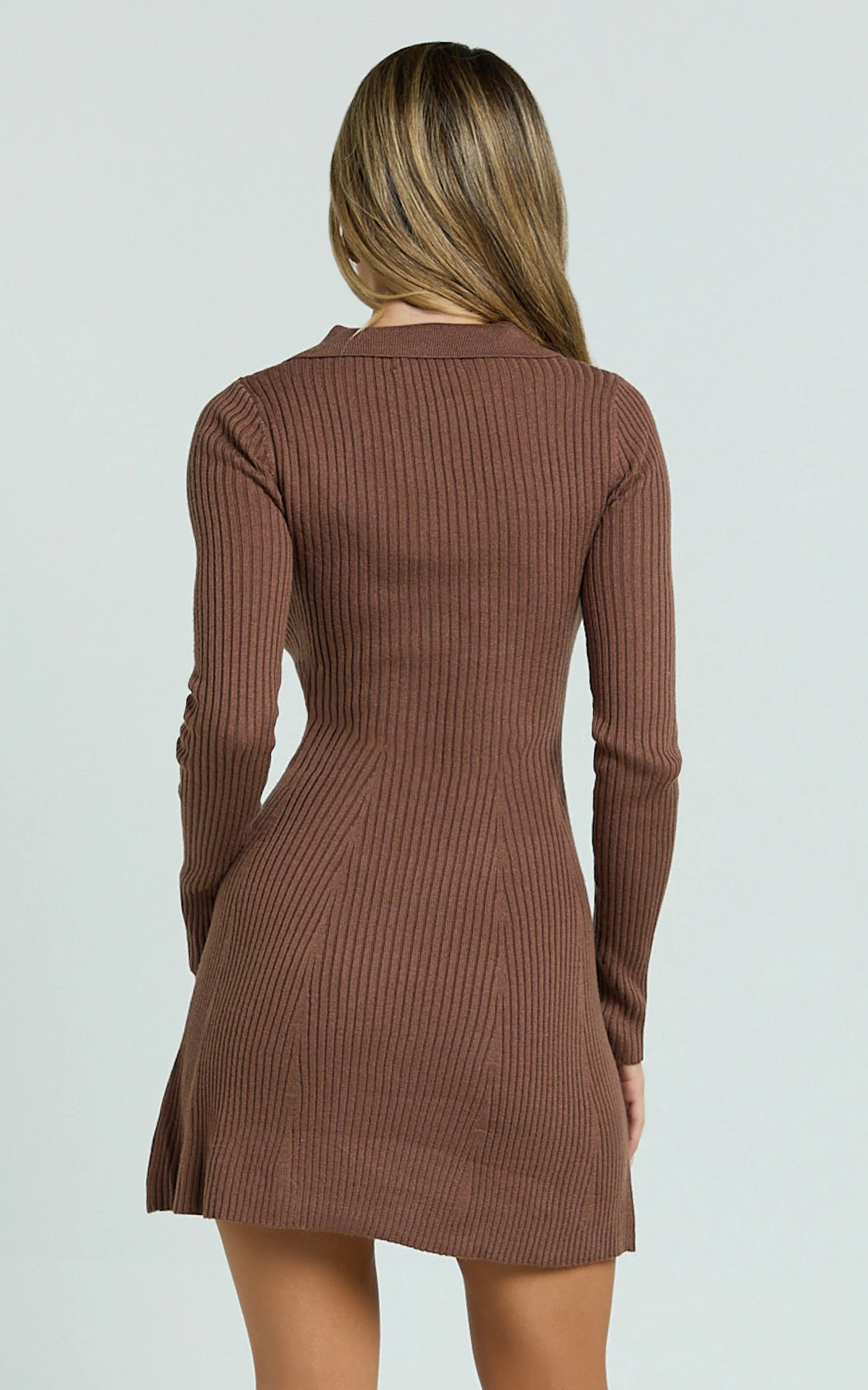 Lara Mini Dress - Long Sleeve Collared Placket Knit Dress in Brown