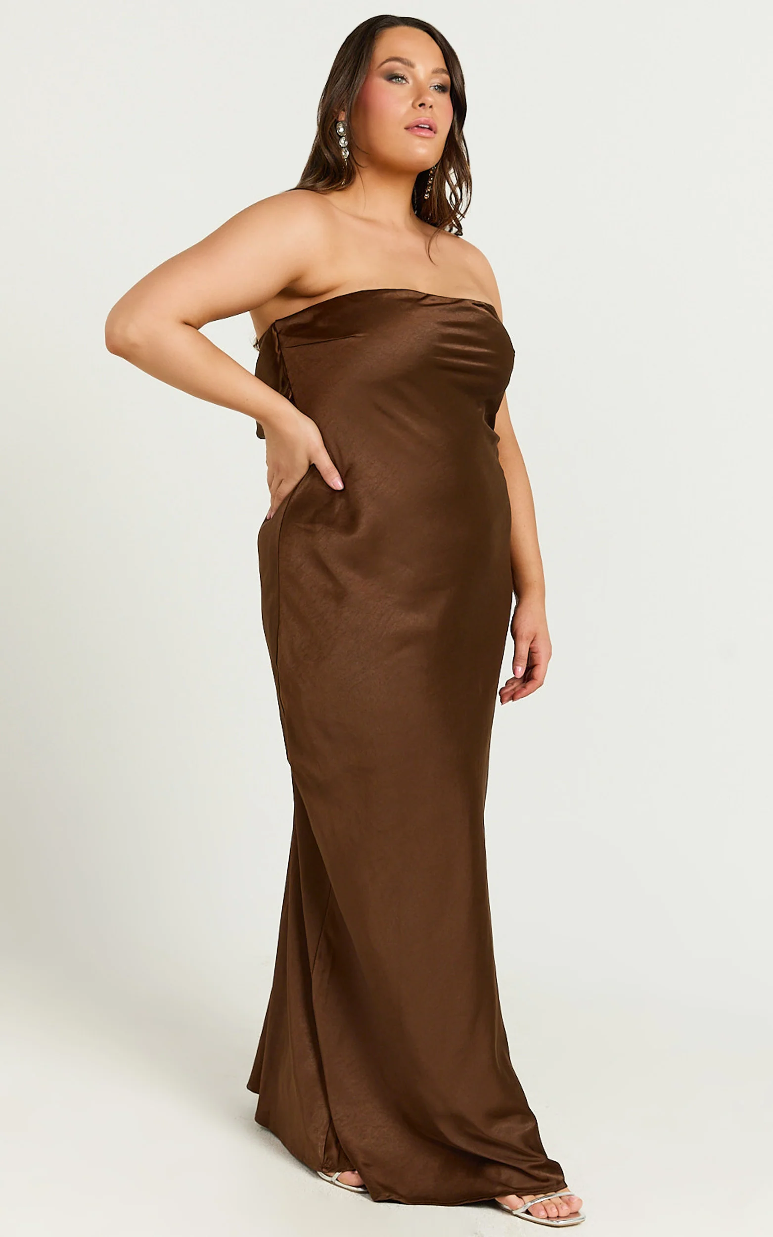 Charlita Maxi Dress - Strapless Cowl Back Satin Dress in Chocolate