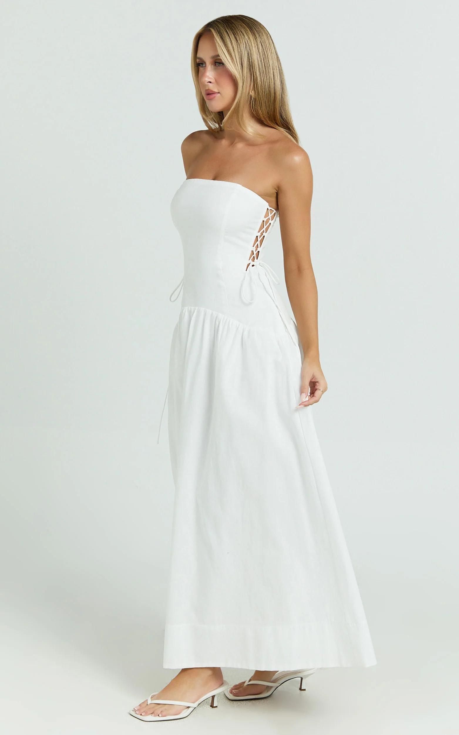 Mikkie Midi Dress - Strapless Drop Waist Side Detailing Dress in White