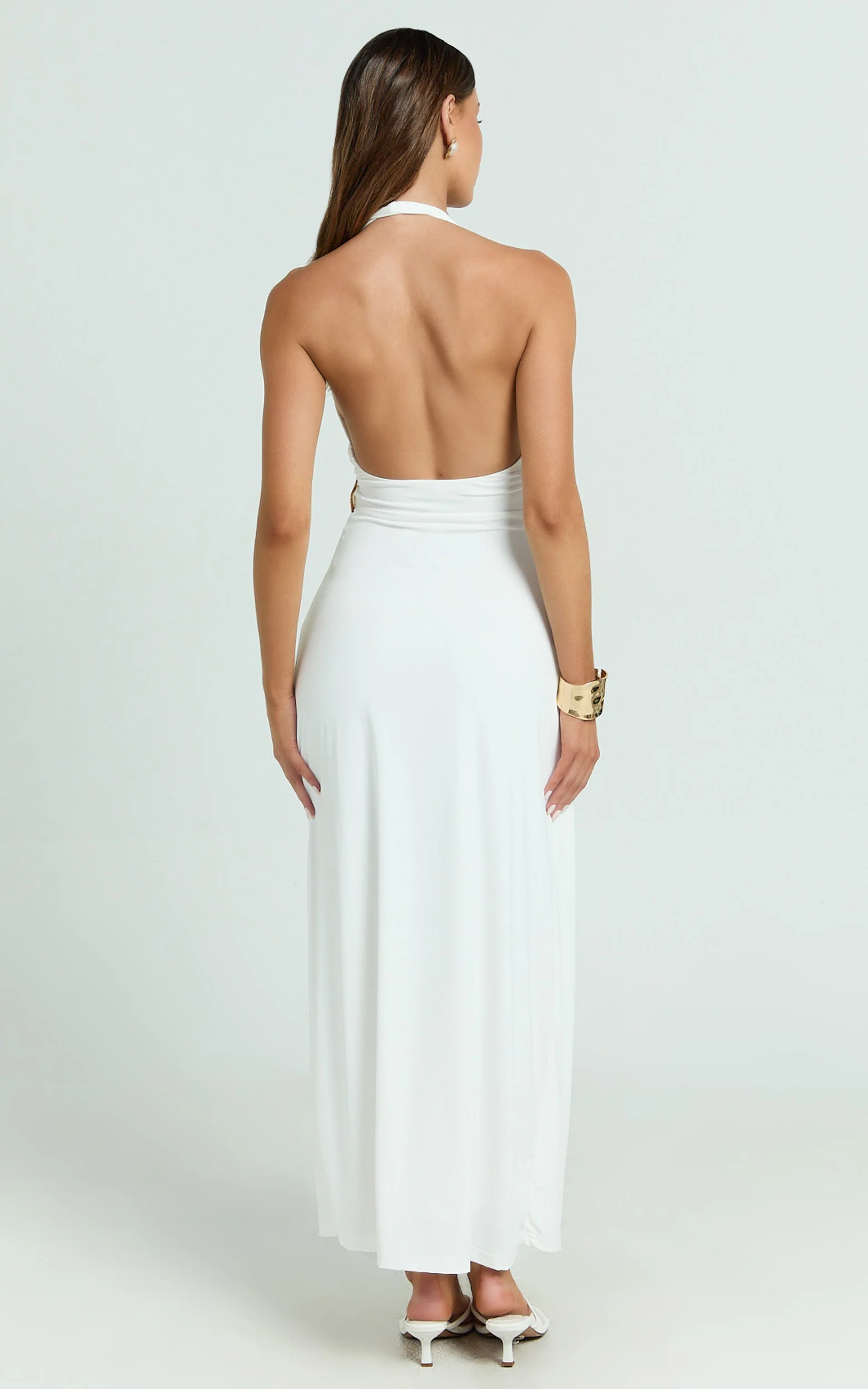 Roseville Maxi - Wrap Front Halter Dress with Hardware Detail in White