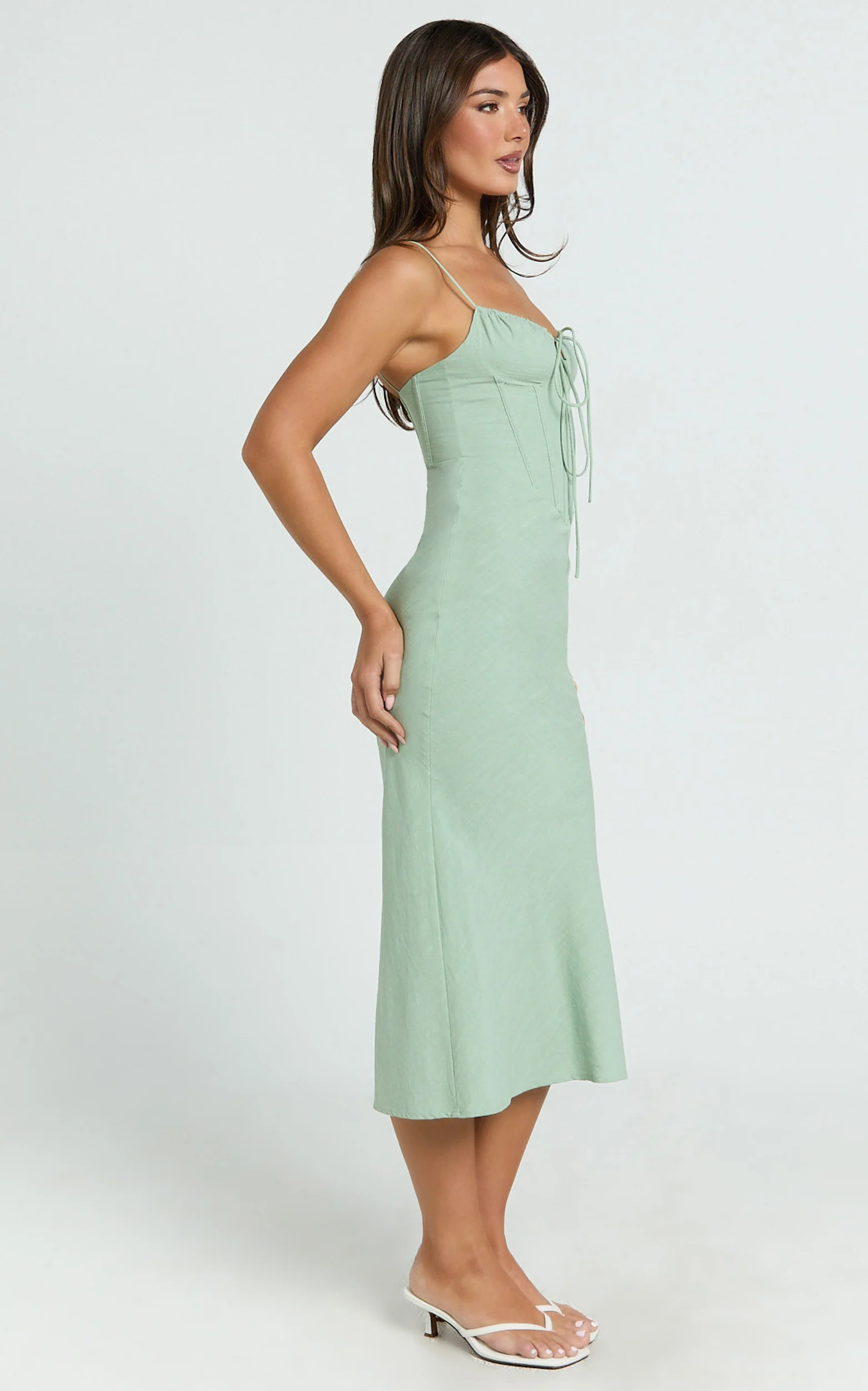 Mikayla Midi Dress - Linen Scoop Neck Ruched Bust Corset Waist Bias Skirt Dress in Sage