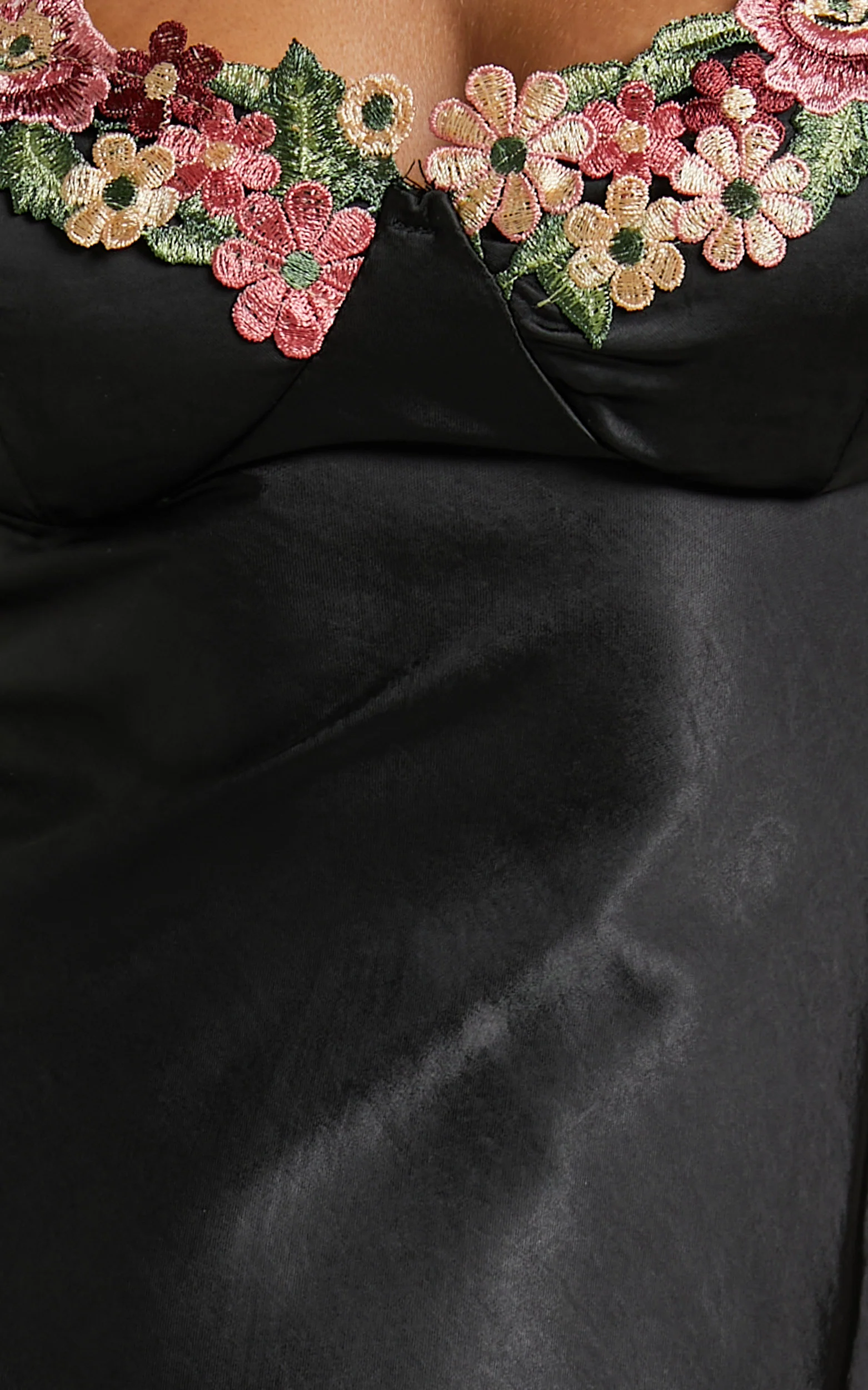 Harmony Midi Dress - Floral Detail Cup Bust Satin Dress in Black