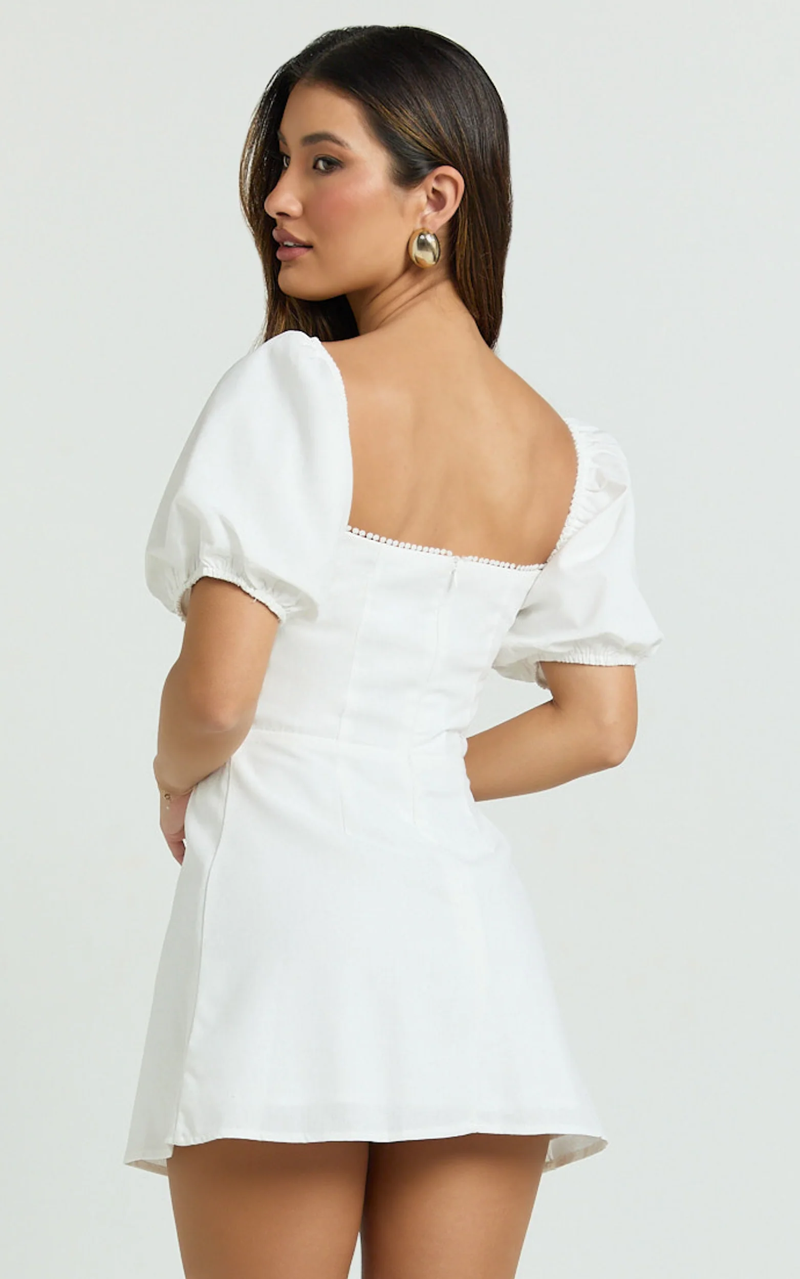 Jules Mini Dress - Puff Sleeve Square Neck Fit And Flare Dress in White