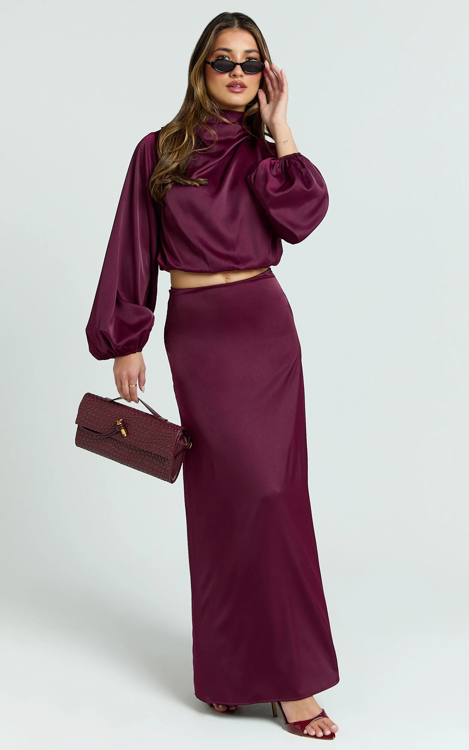Tessie Two Piece Set - Long Sleeve Hight Neck Top and Maxi Skirt Set in Wine