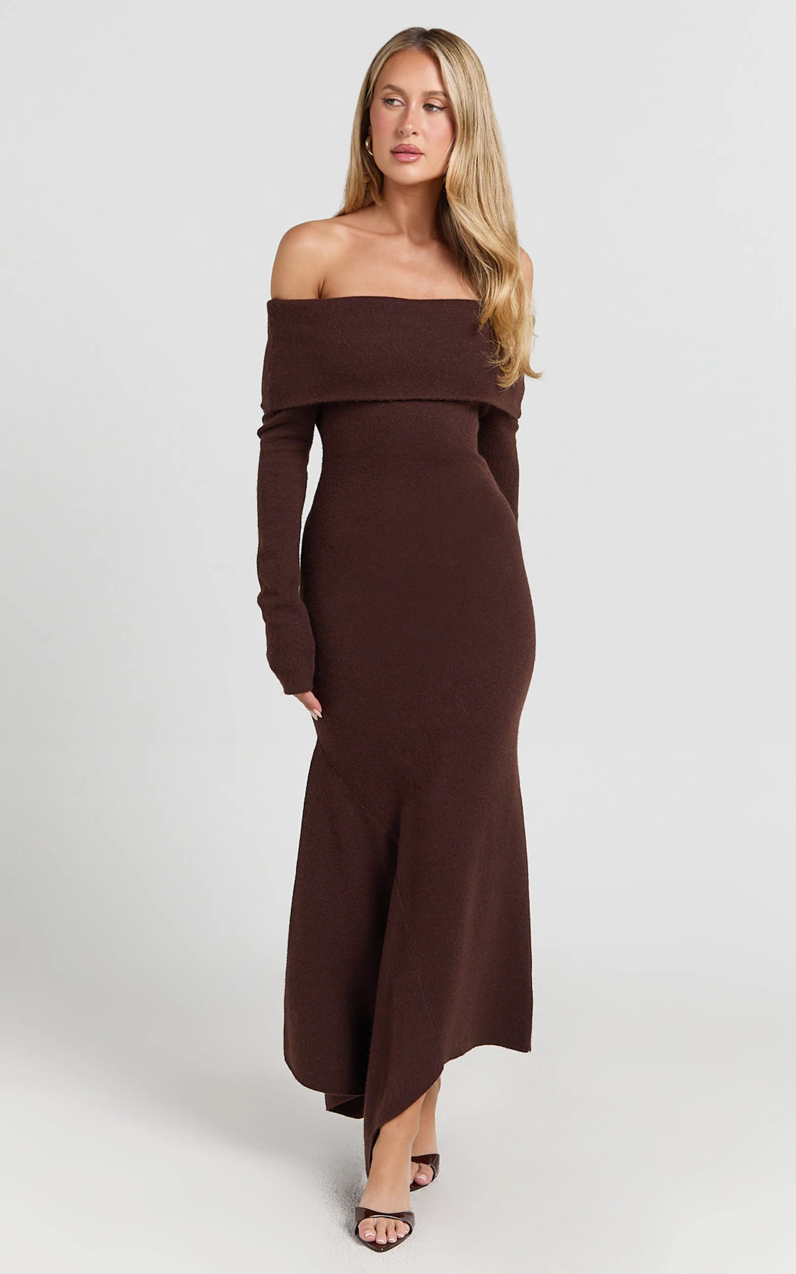 Karina Midi Dress - Long Sleeve Folded Off Shoulder Asymmetric Dress in Chocolate