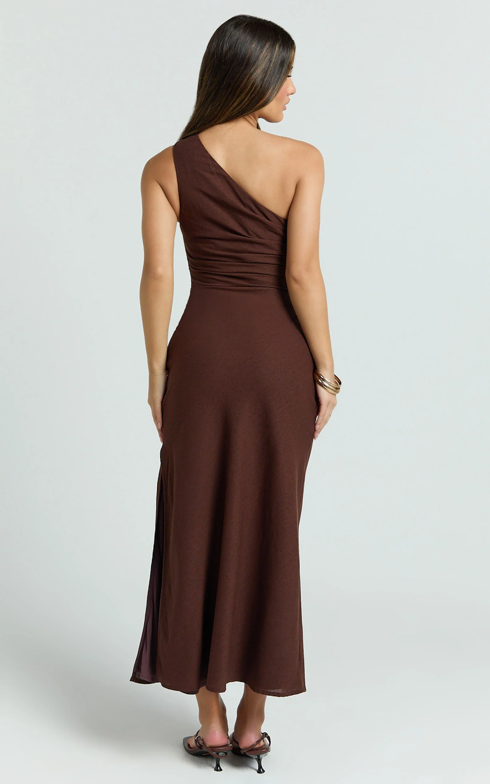 Cassia Midi Dress - One Shoulder A Line Dress in Chocolate