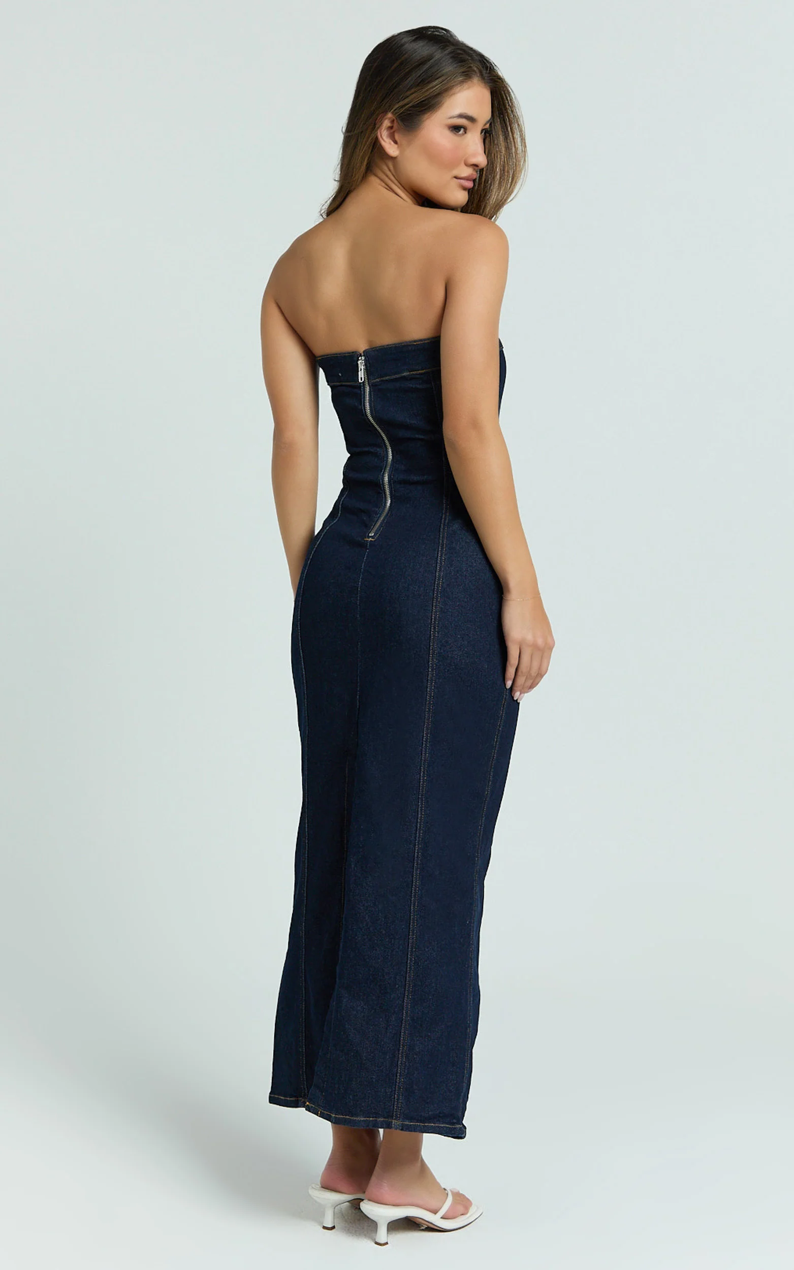 Keziah Maxi Dress - Denim Strapless Bodycon Dress in Indigo Wash
