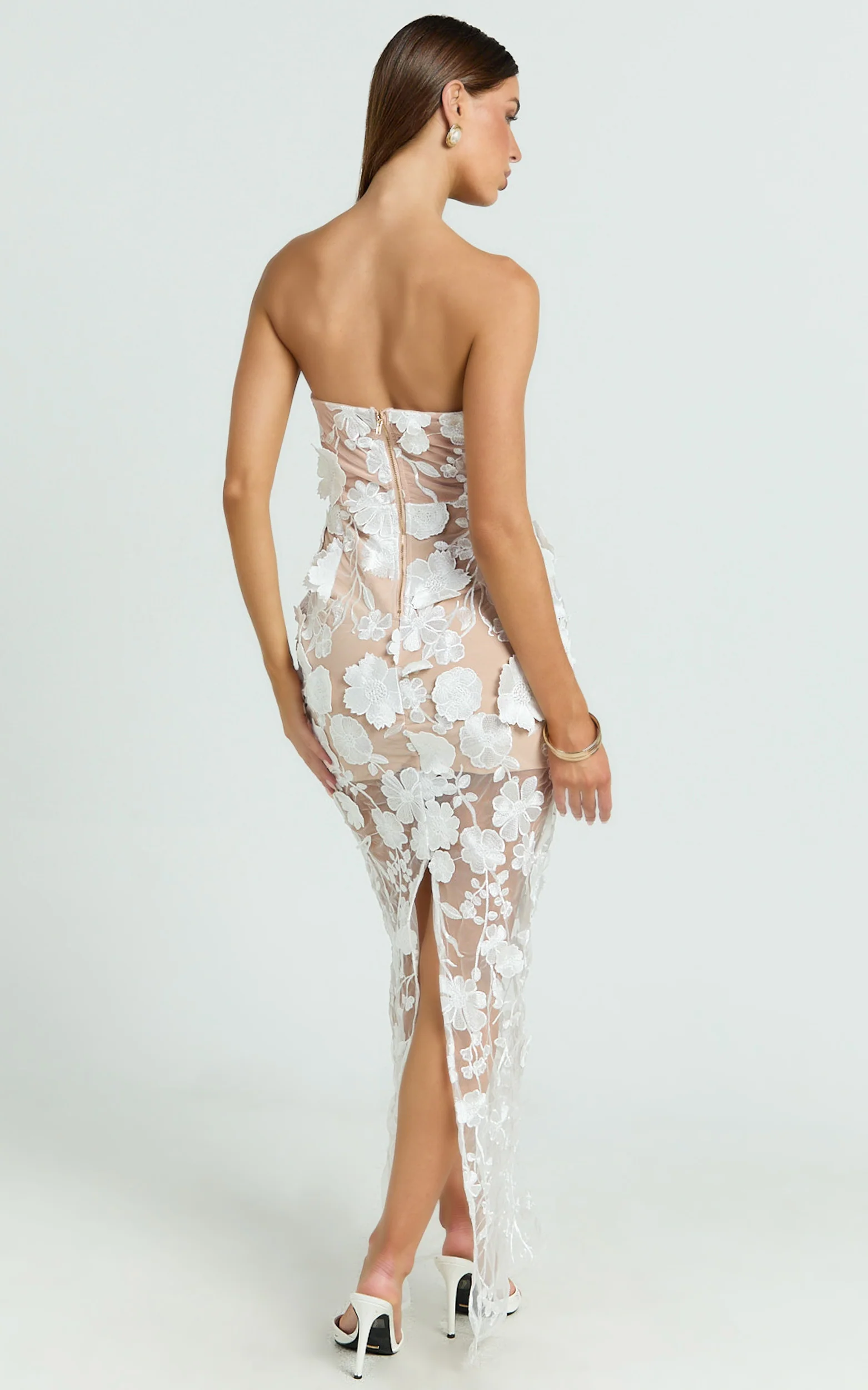 Sienna Maxi Dress - 3D Floral Strapless Column Dress in White