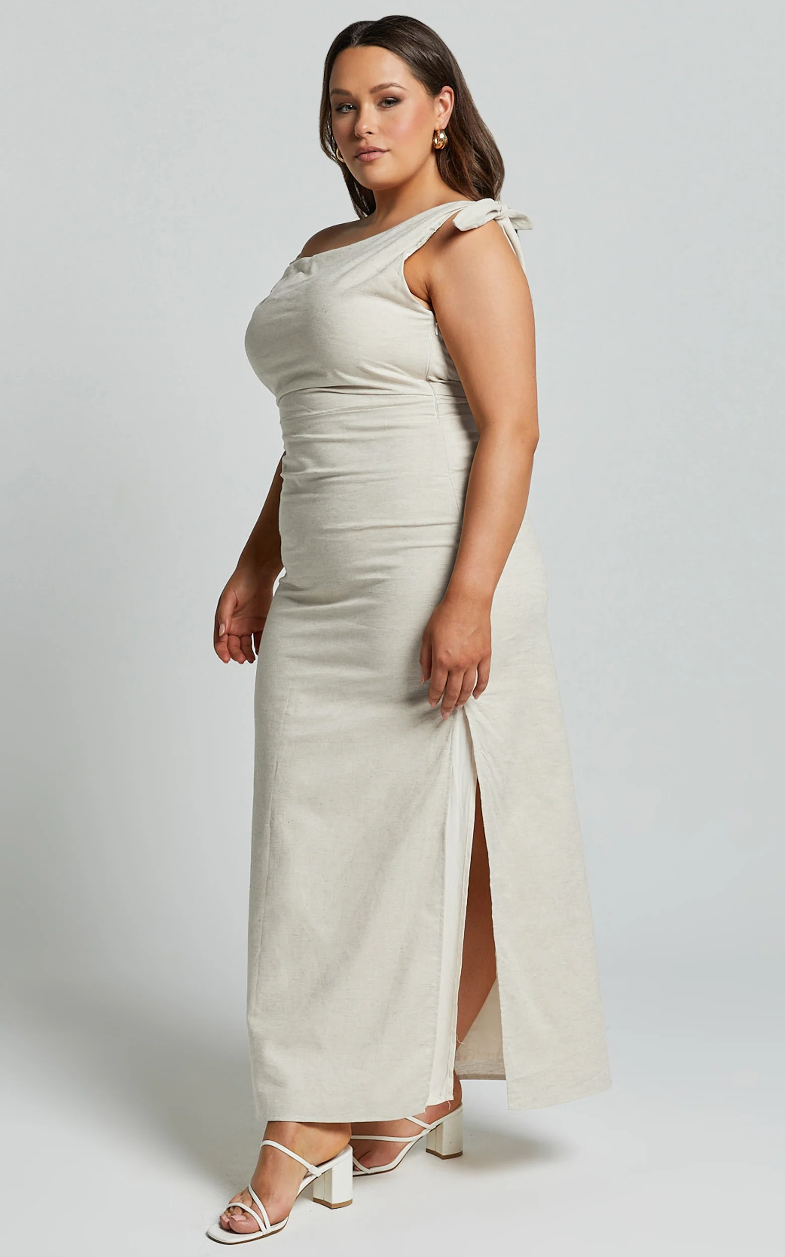 Cincinnati Midi Dress - Off The Shoulder Side Split Column Linen Dress in Beige