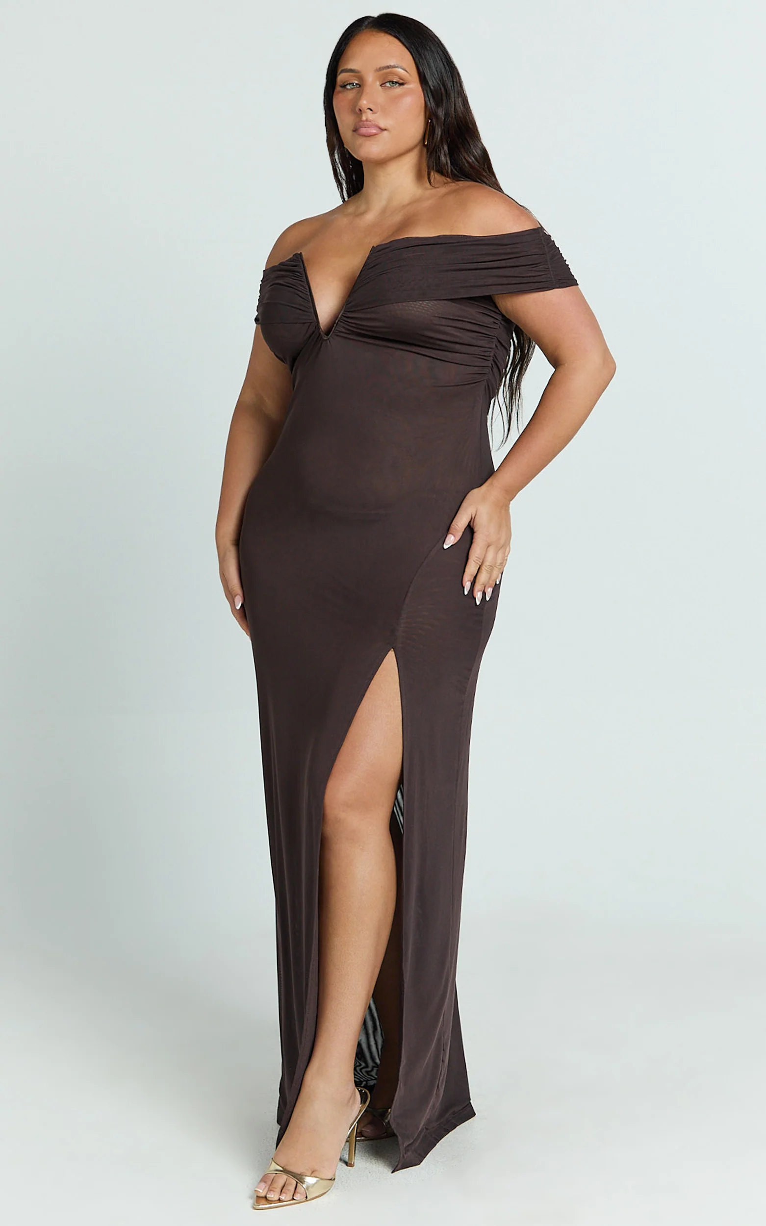 Alessia Maxi Dress - Off Shoulder Ruched Bodycon Dress in Chocolate