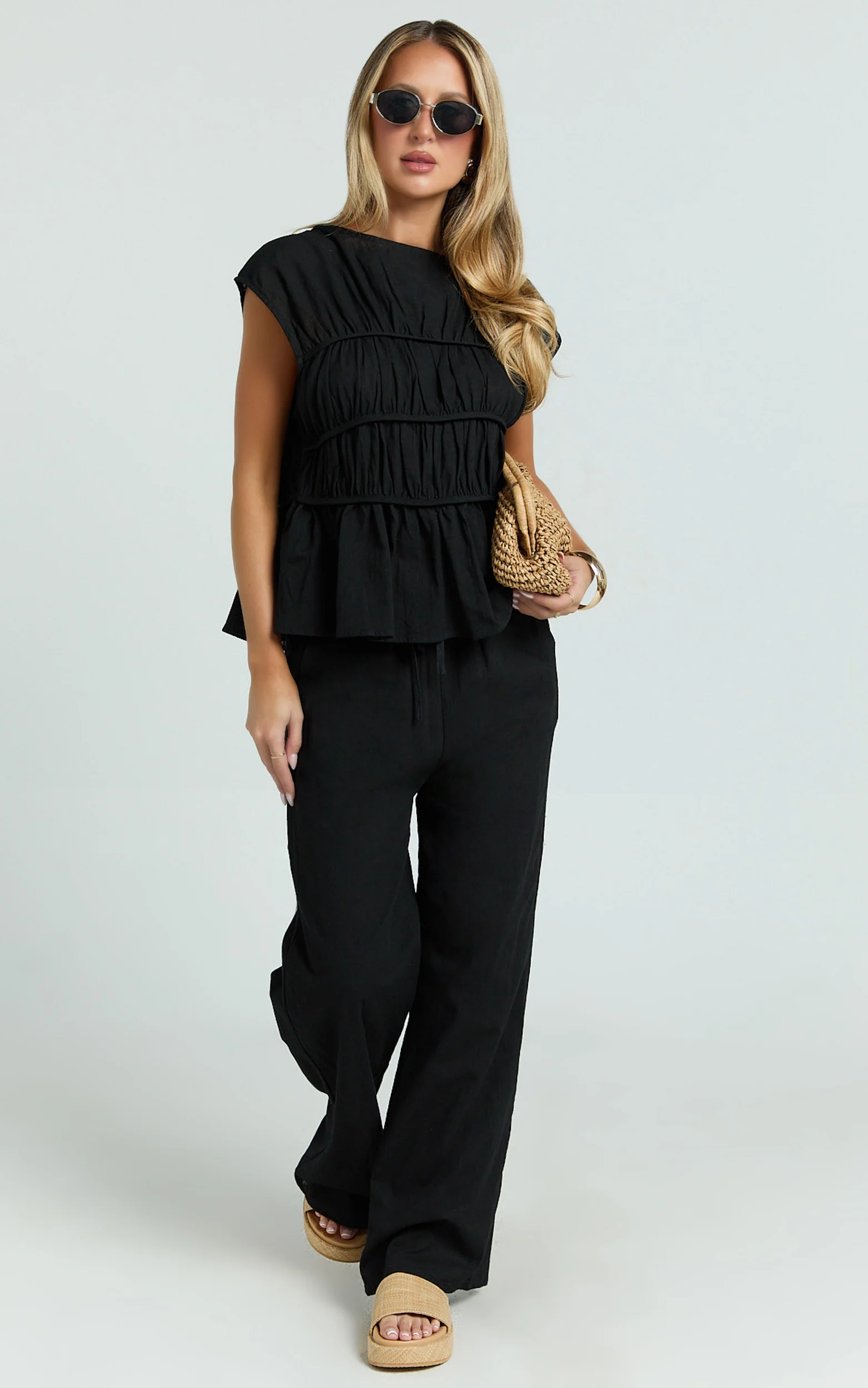 Auric Two Piece Set - Ruched Detail Top and Wide Leg Pants Set in Black