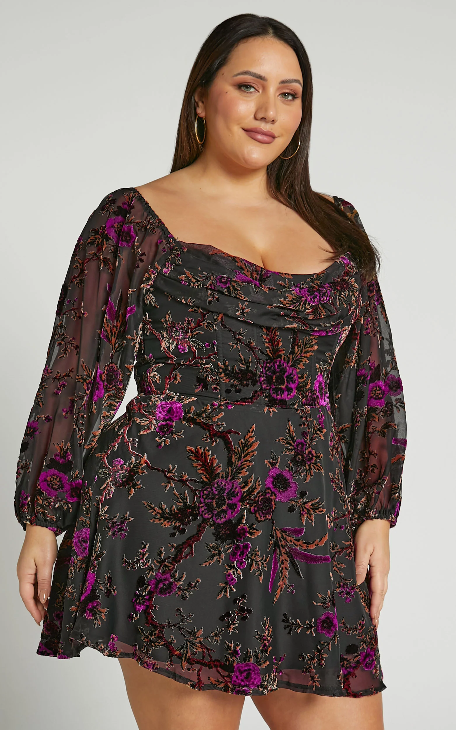 Jessell Mini Dress - Long Sleeve Cowl Corset Dress in Black Floral