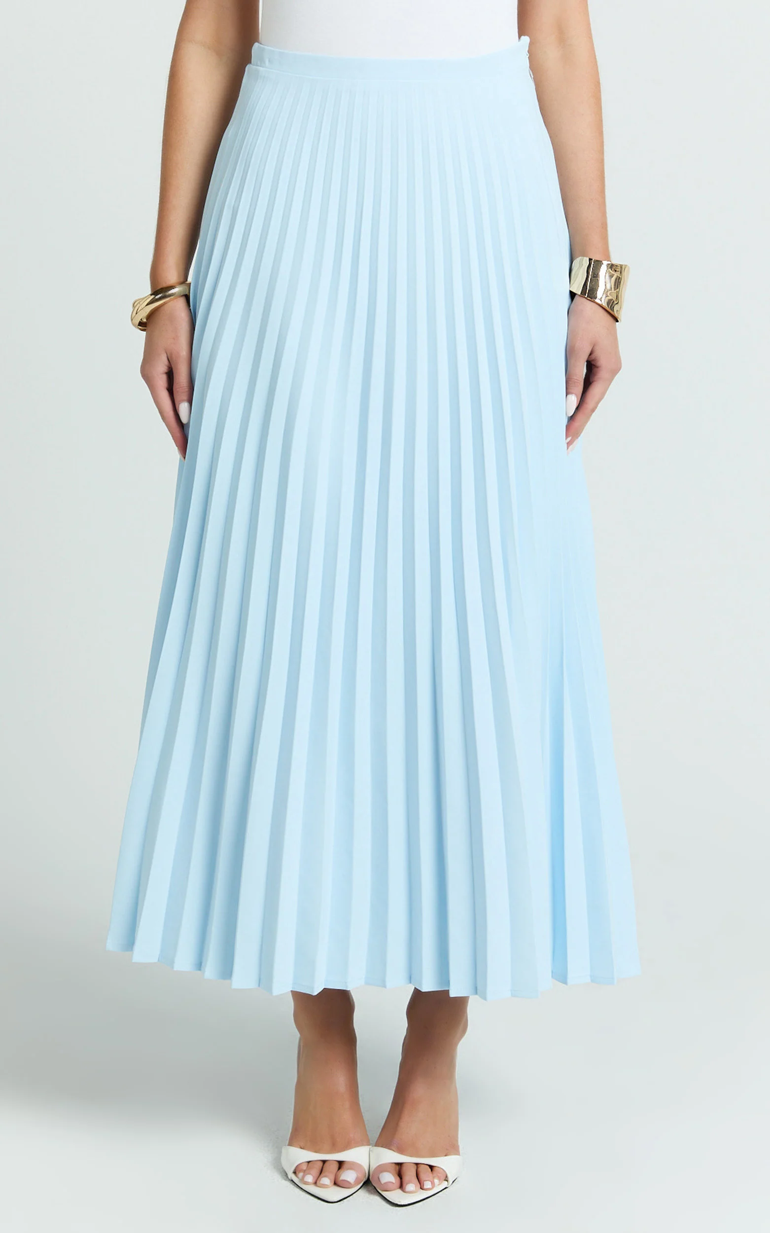 Harlee Midi Skirt - Pleated High Waist A Line Skirt in Pastel Blue