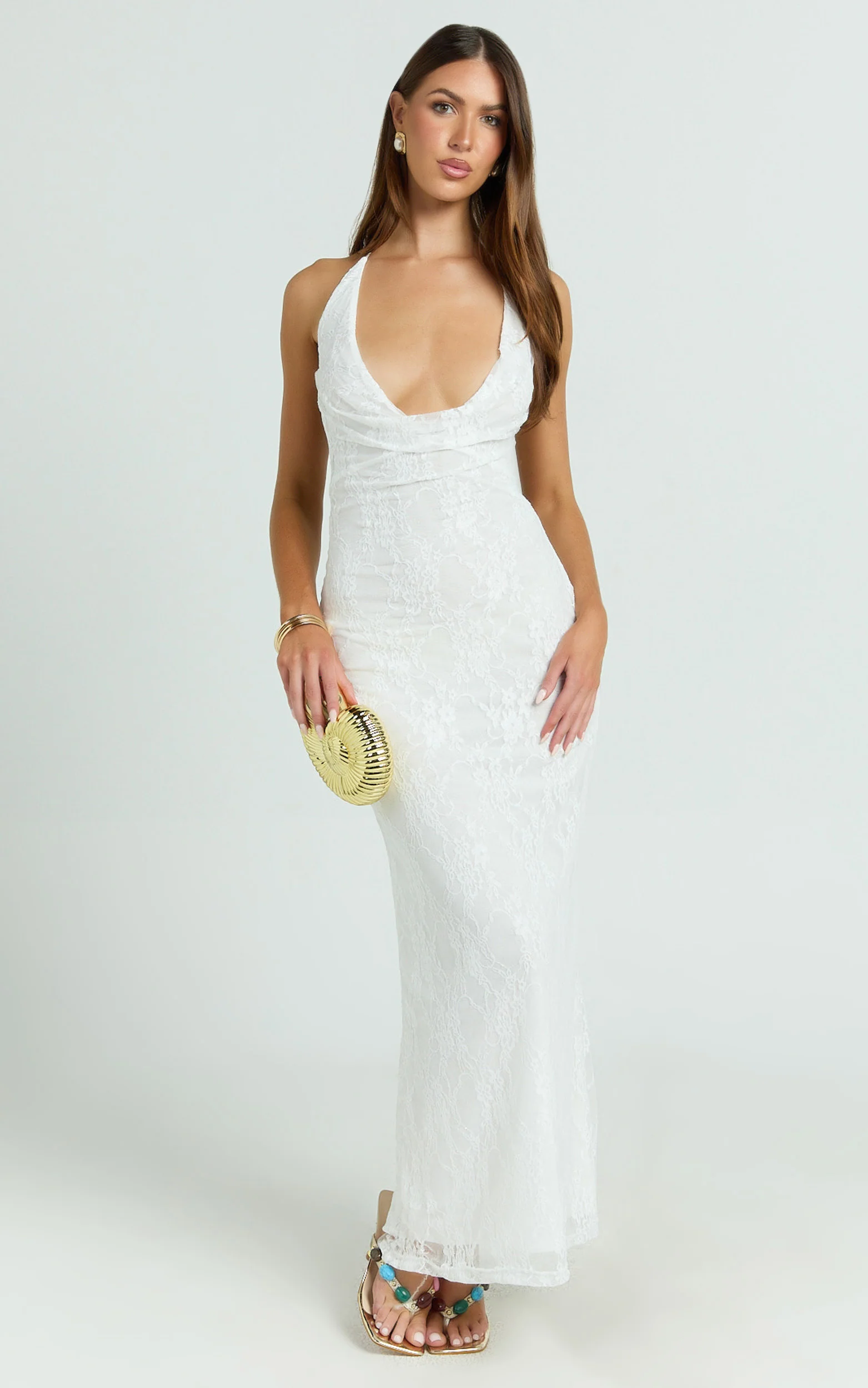 Janine Maxi Dress - Plunge Cowl Neck Backless Column Dress in Ivory