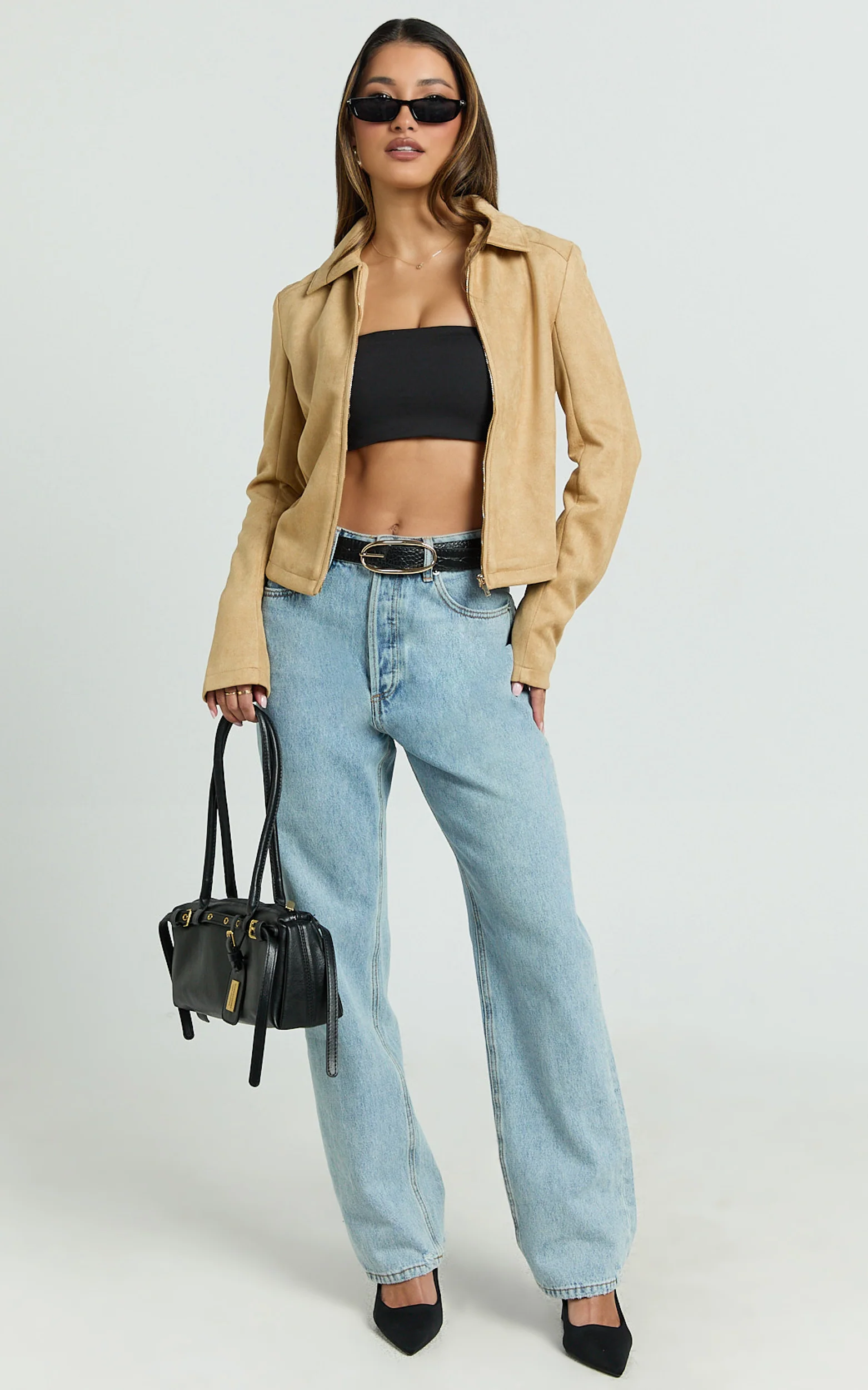 Welmina Jacket - Suede Collared Fitted Jacket in Sand