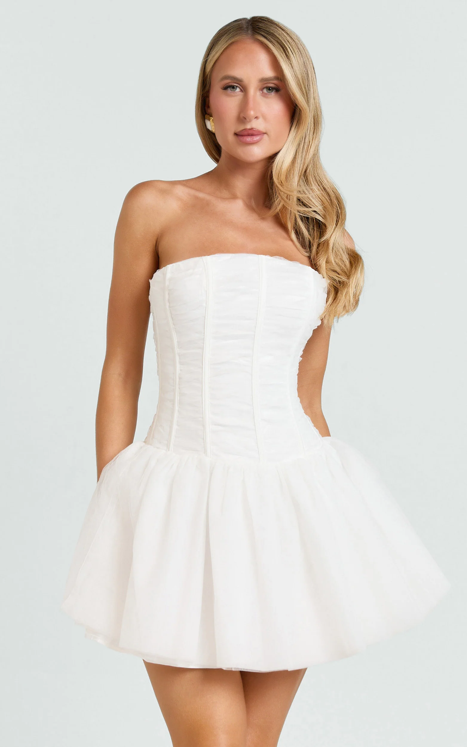 Selene Mini Dress - Ruched Corset Gathered Skirt Dress in Ivory