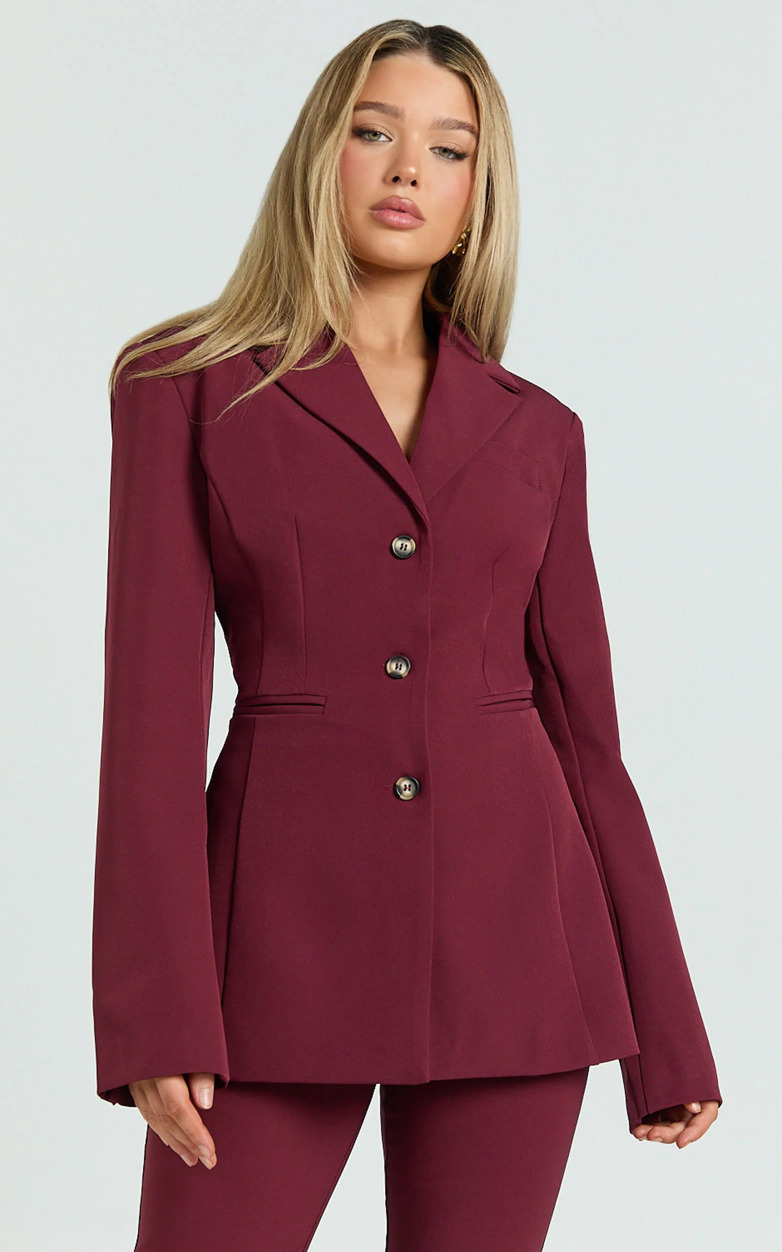 Irene Blazer - Fitted Cinched Waist Blazer in Wine