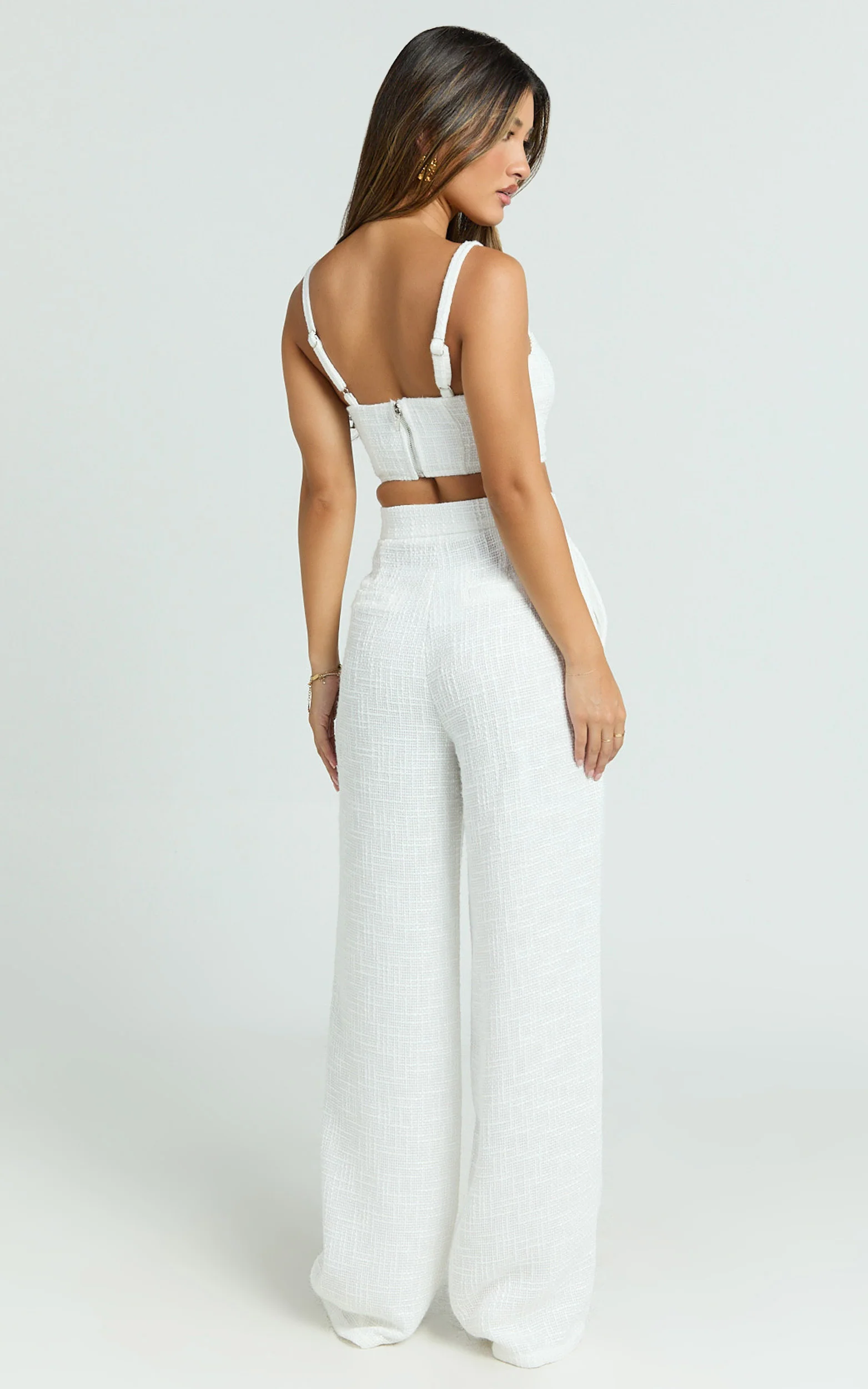 Sylvia Two Piece Set - Corset Top and High Waisted Wide Leg Pants Set in White