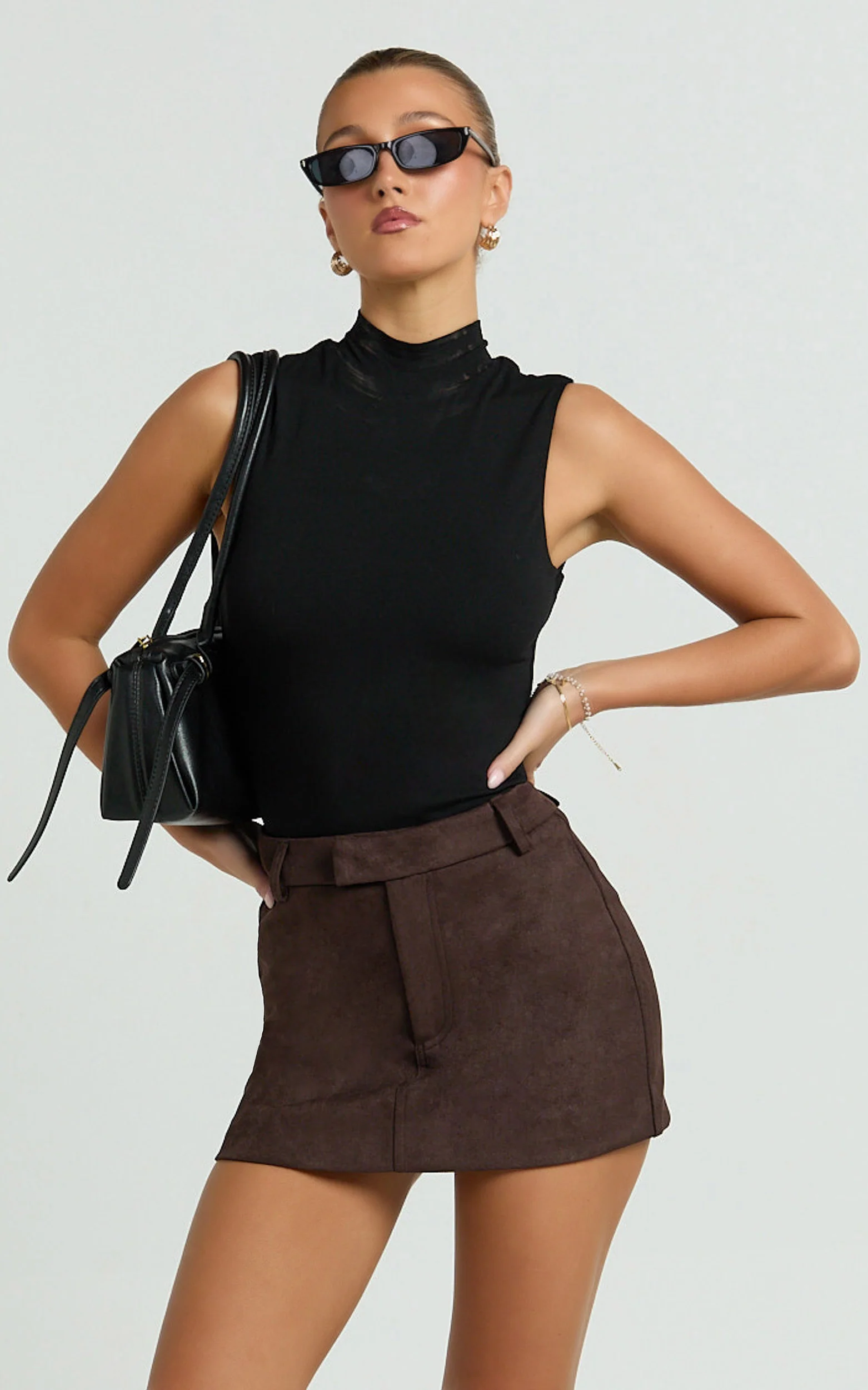 Priscilla Mini Skirt - Mid Waist Faux Suede Skirt in Dark Chocolate