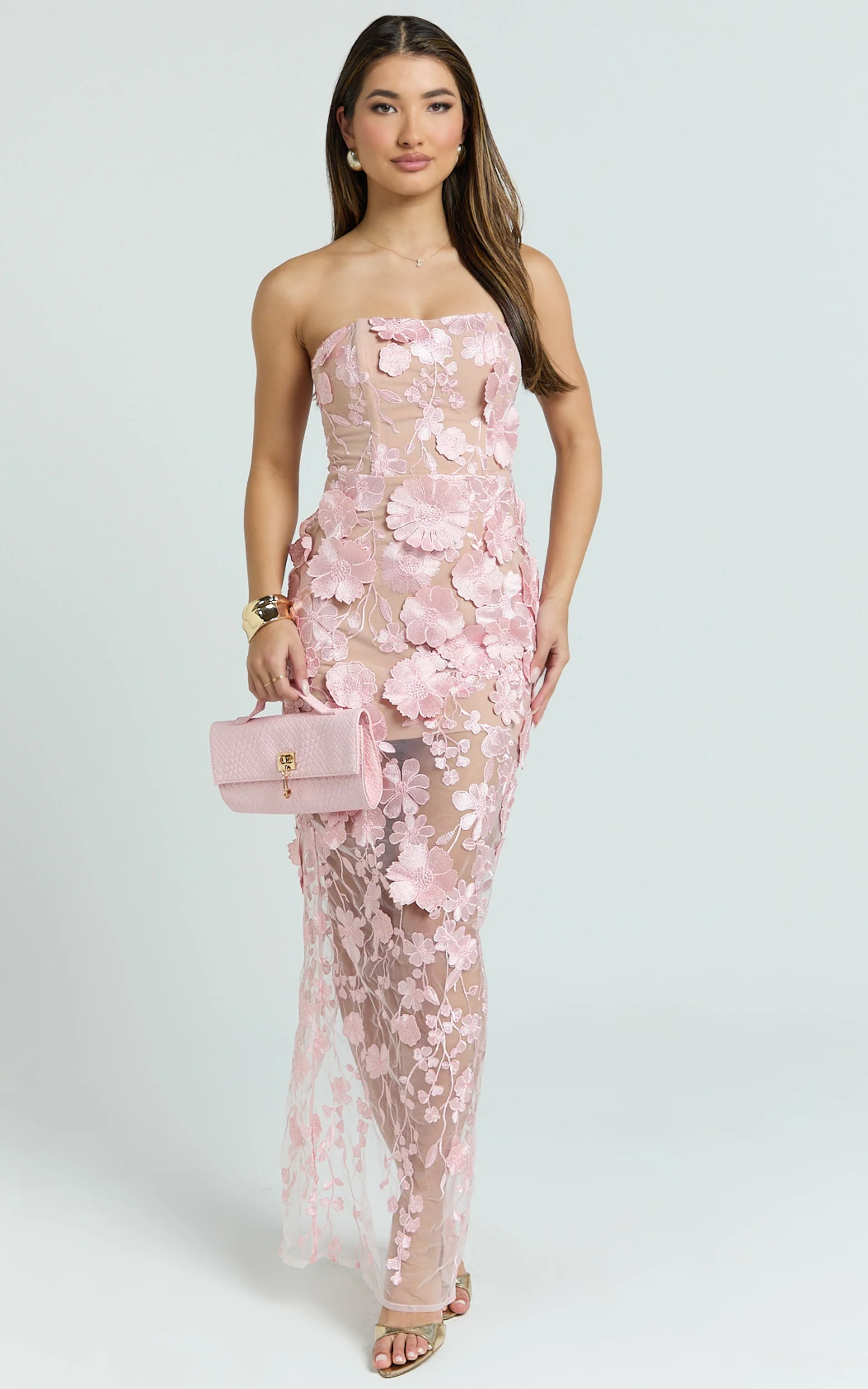Sienna Maxi Dress - 3D Floral Strapless Column Dress in Pink