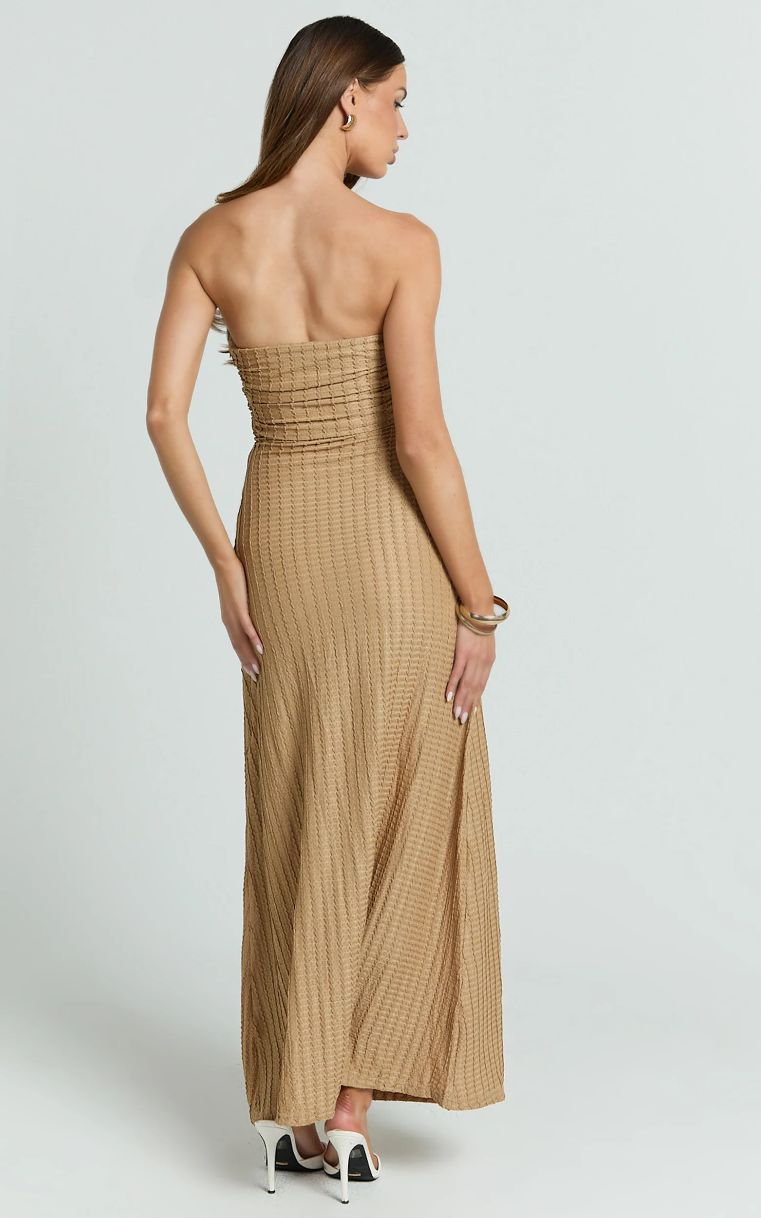 Santiago Maxi Dress - Textured Jersey Strapless Twist Waist Dress in Beige