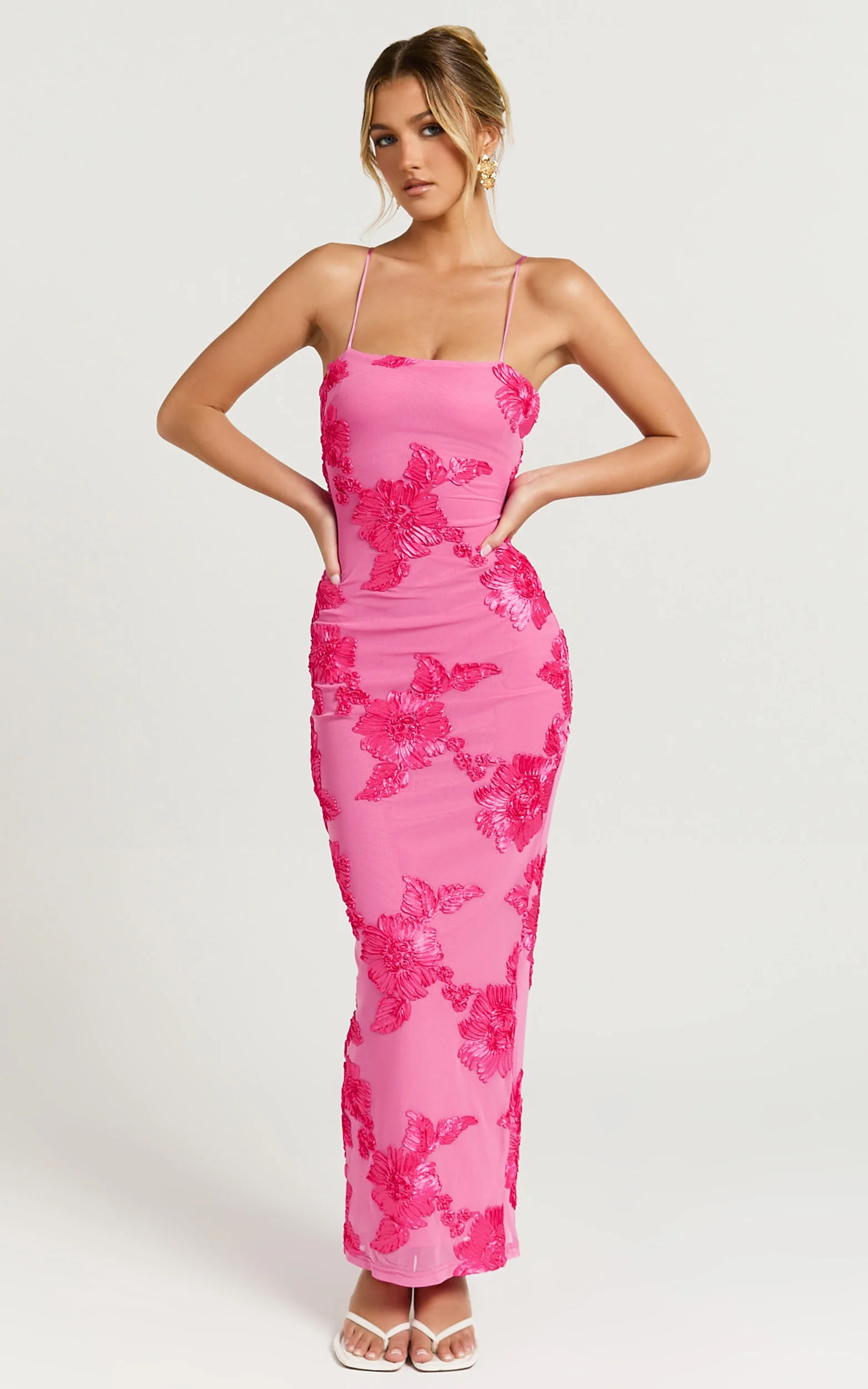 Mina Midi Dress - Embroidered Mesh Dress in Pink