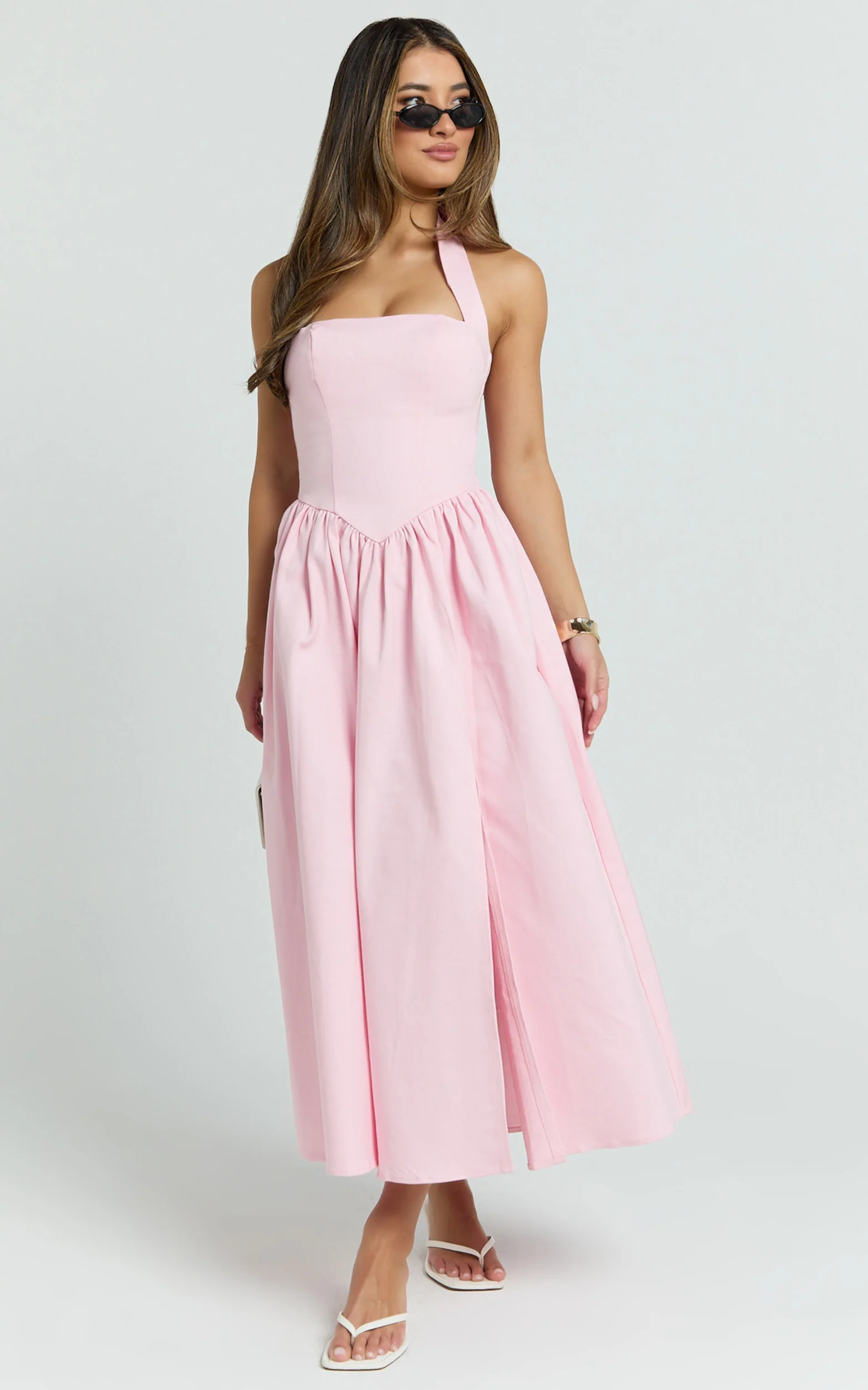 Helda Midi Dress - Halter Tie Neck Corset Panel Dress in Pink