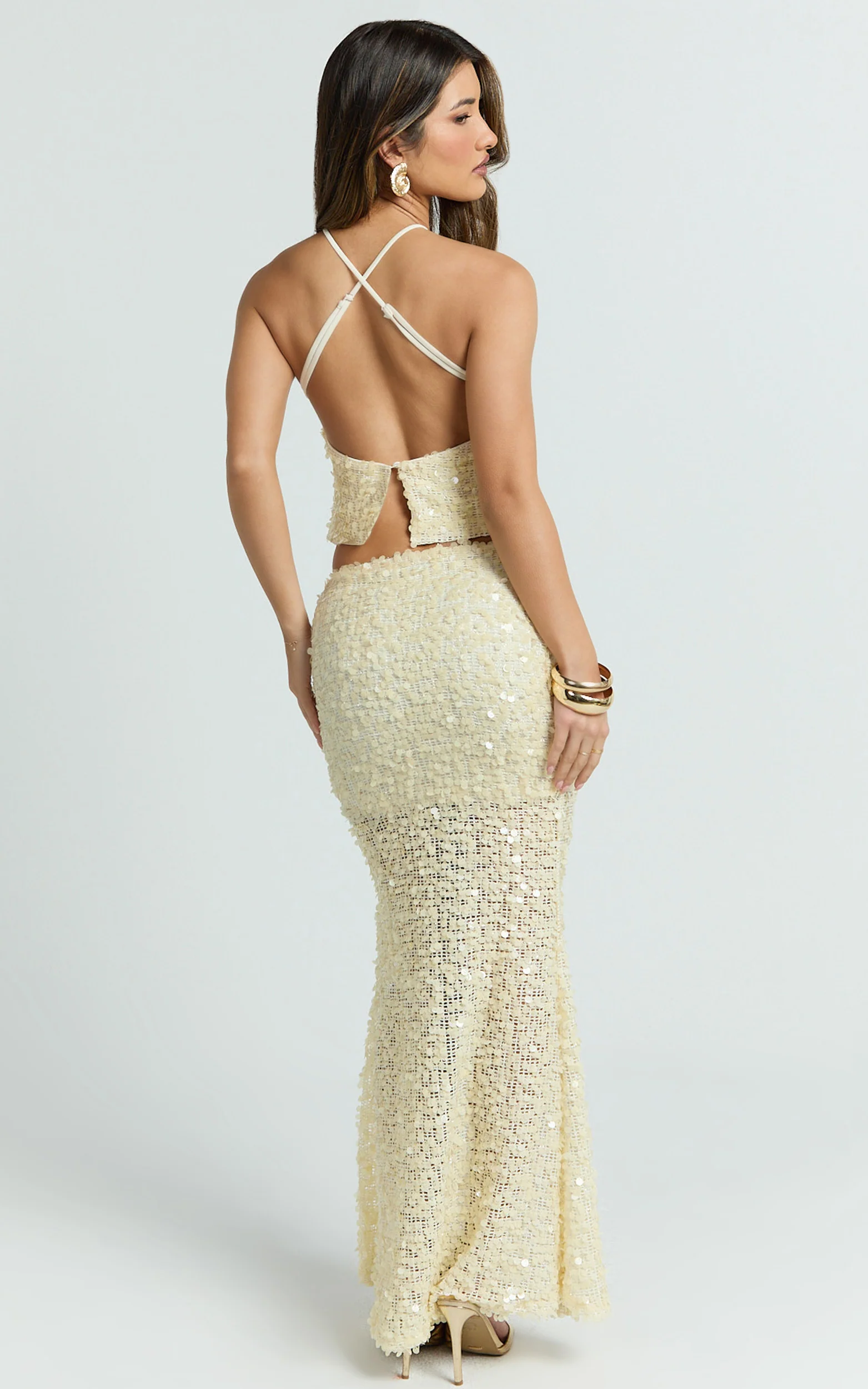 Celeste Maxi Skirt - Sequin Fit And Flare Skirt in Ivory