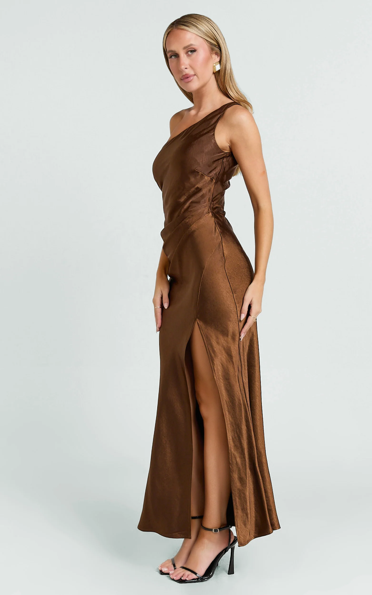 Isla Maxi Dress - Satin One Shoulder Side Split Dress in Chocolate