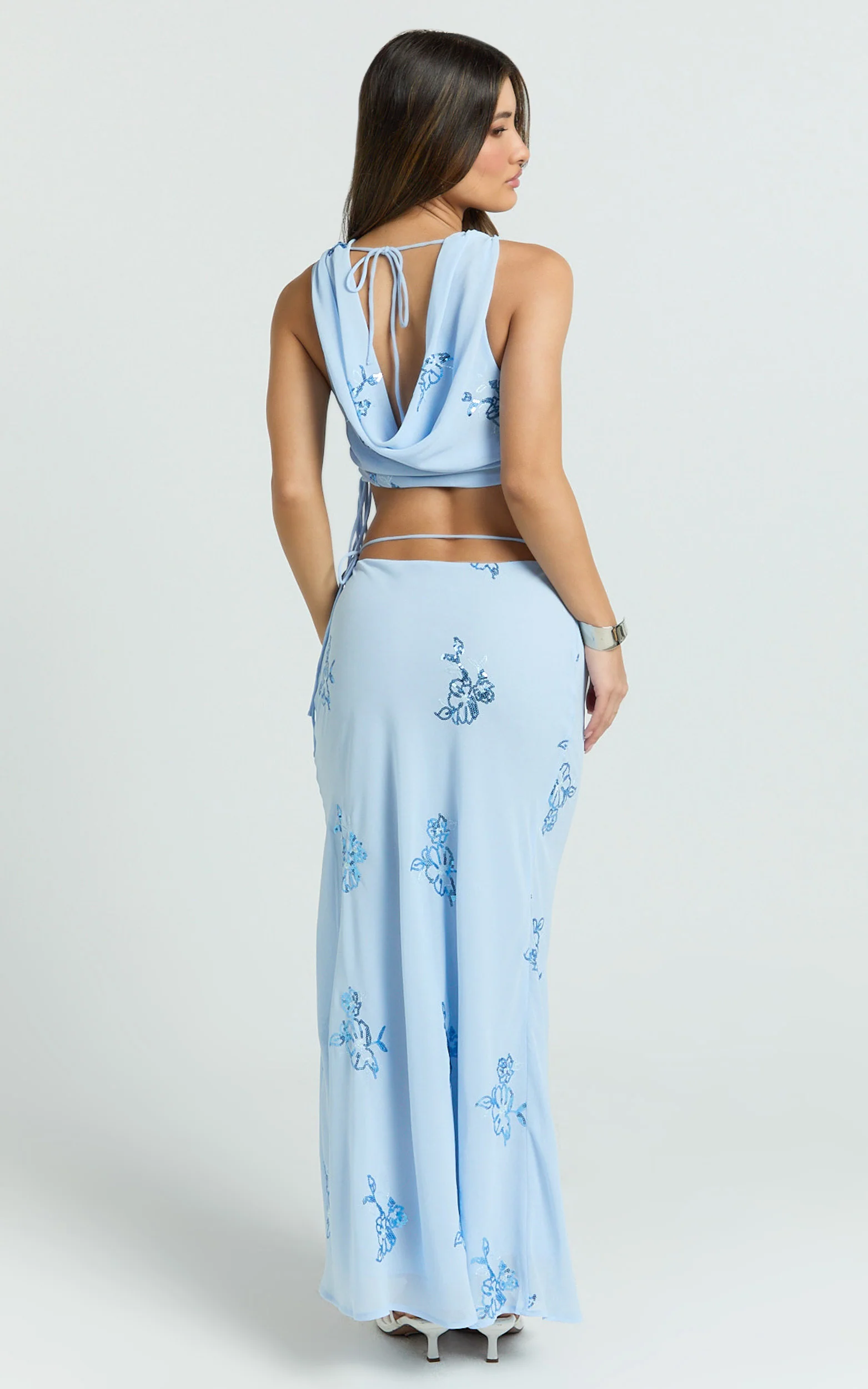 Aurora Two Piece Top and Skirt Set - Floral Sequin Cowl Neck Top And Maxi Skirt in Baby Blue