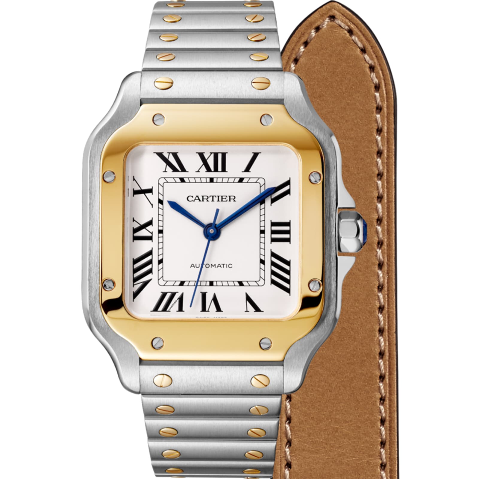 Cartier Santos De Cartier Watch Medium Model, Automatic Movement, Yellow Gold, Steel, Interchangeable Metal And Leather Bracelets-P17310956