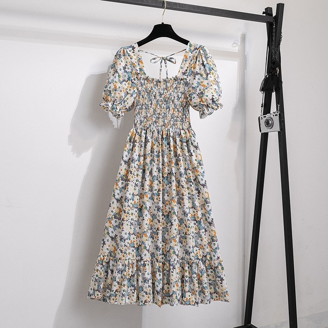2023 Summer Women Print Dresses Short Sleeve Pleated Casual Beach Square Collar Elastic Waist Bohemian Woman Midi Dress Vestidos