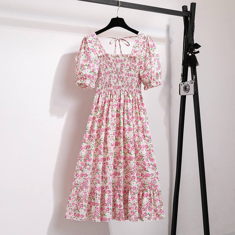 2023 Summer Women Print Dresses Short Sleeve Pleated Casual Beach Square Collar Elastic Waist Bohemian Woman Midi Dress Vestidos