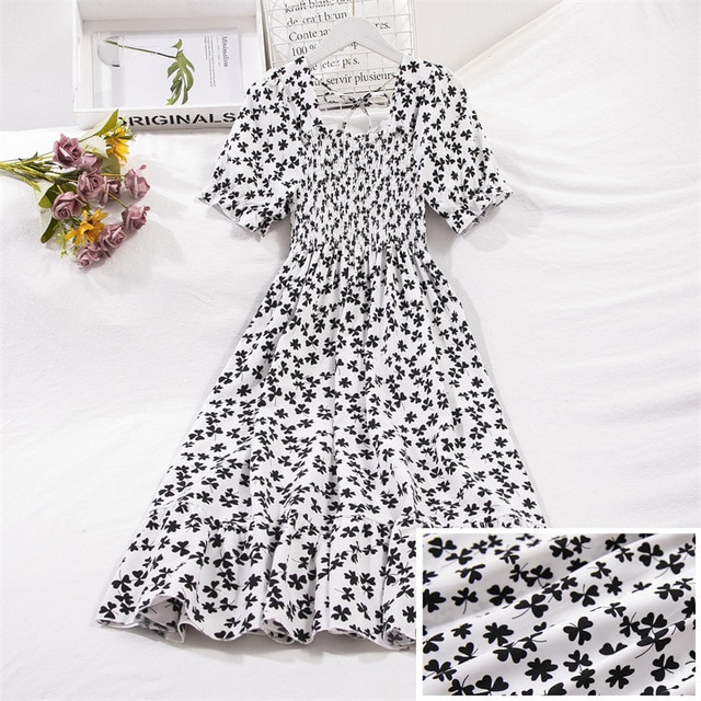 2023 Summer Women Print Dresses Short Sleeve Pleated Casual Beach Square Collar Elastic Waist Bohemian Woman Midi Dress Vestidos