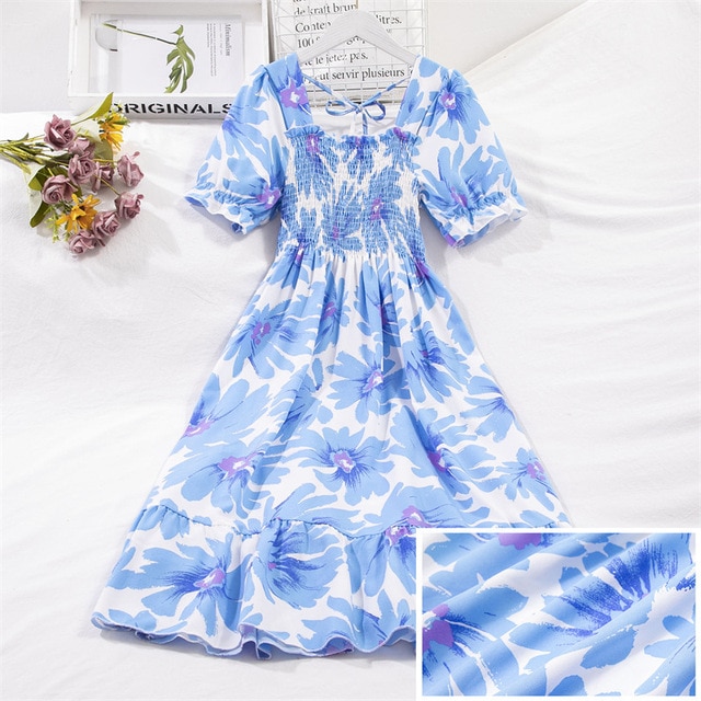 2023 Summer Women Print Dresses Short Sleeve Pleated Casual Beach Square Collar Elastic Waist Bohemian Woman Midi Dress Vestidos
