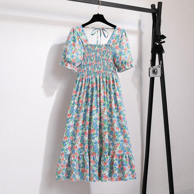 2023 Summer Women Print Dresses Short Sleeve Pleated Casual Beach Square Collar Elastic Waist Bohemian Woman Midi Dress Vestidos