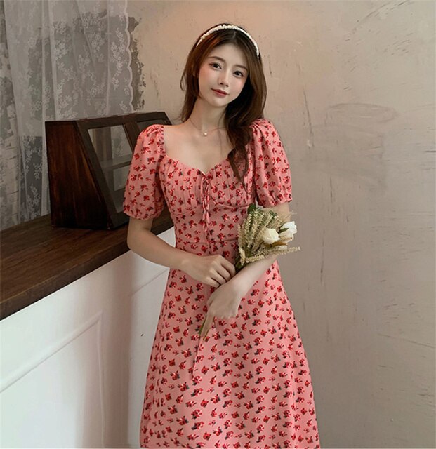 Korean Midi Summer Dress QMilch Elegant Yellow Floral Print Dresses for Women 2023 Casual Vestidos para mujer