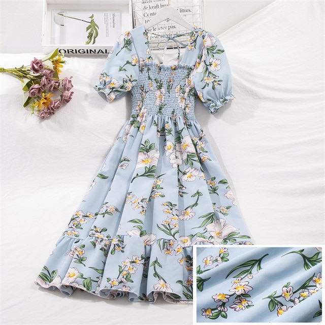 2023 Summer Women Print Dresses Short Sleeve Pleated Casual Beach Square Collar Elastic Waist Bohemian Woman Midi Dress Vestidos