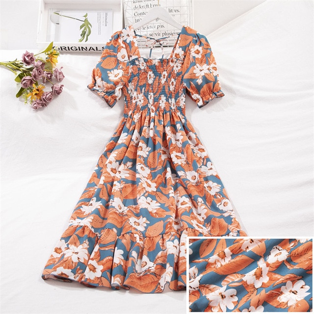 2023 Summer Women Print Dresses Short Sleeve Pleated Casual Beach Square Collar Elastic Waist Bohemian Woman Midi Dress Vestidos