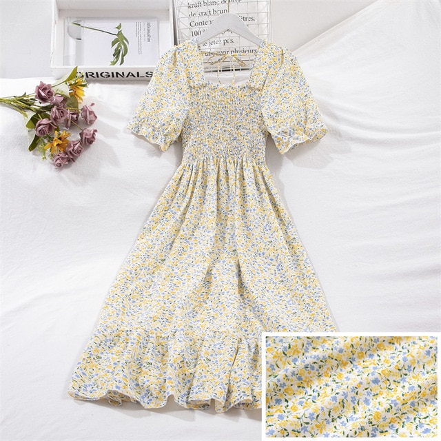 2023 Summer Women Print Dresses Short Sleeve Pleated Casual Beach Square Collar Elastic Waist Bohemian Woman Midi Dress Vestidos