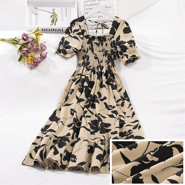2023 Summer Women Print Dresses Short Sleeve Pleated Casual Beach Square Collar Elastic Waist Bohemian Woman Midi Dress Vestidos