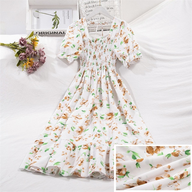 2023 Summer Women Print Dresses Short Sleeve Pleated Casual Beach Square Collar Elastic Waist Bohemian Woman Midi Dress Vestidos