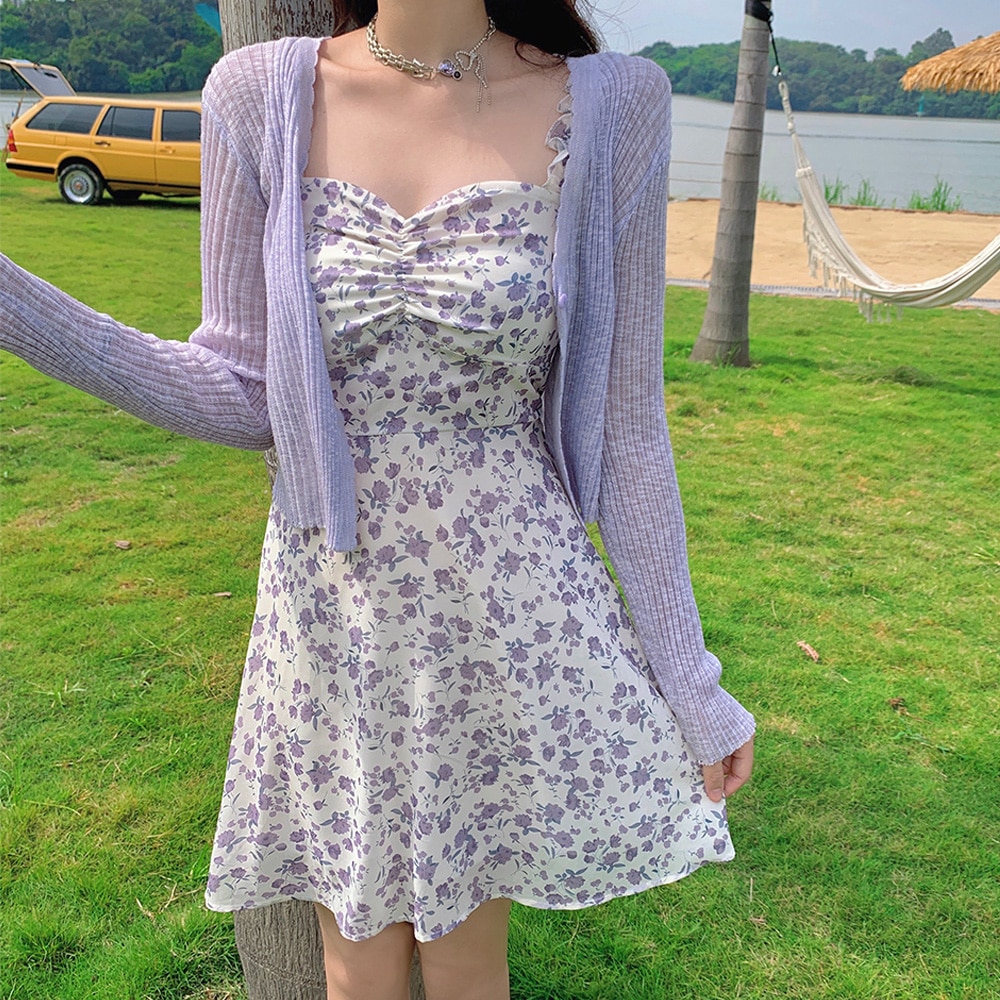 Sexy Spaghetti Straps Summer Mini Dress Women Ruffle Purple Floral Print Beach Sundress Party Wedding Vacation Vestidos платье