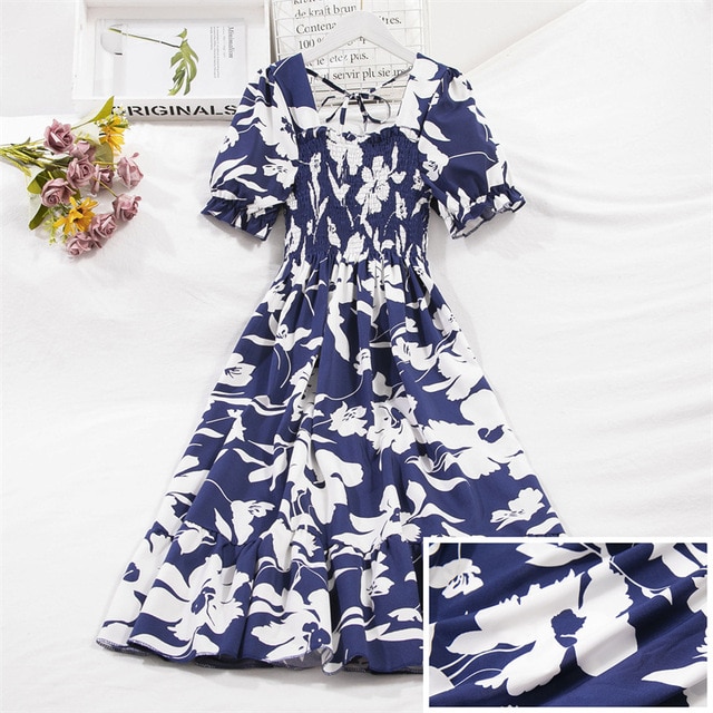 2023 Summer Women Print Dresses Short Sleeve Pleated Casual Beach Square Collar Elastic Waist Bohemian Woman Midi Dress Vestidos